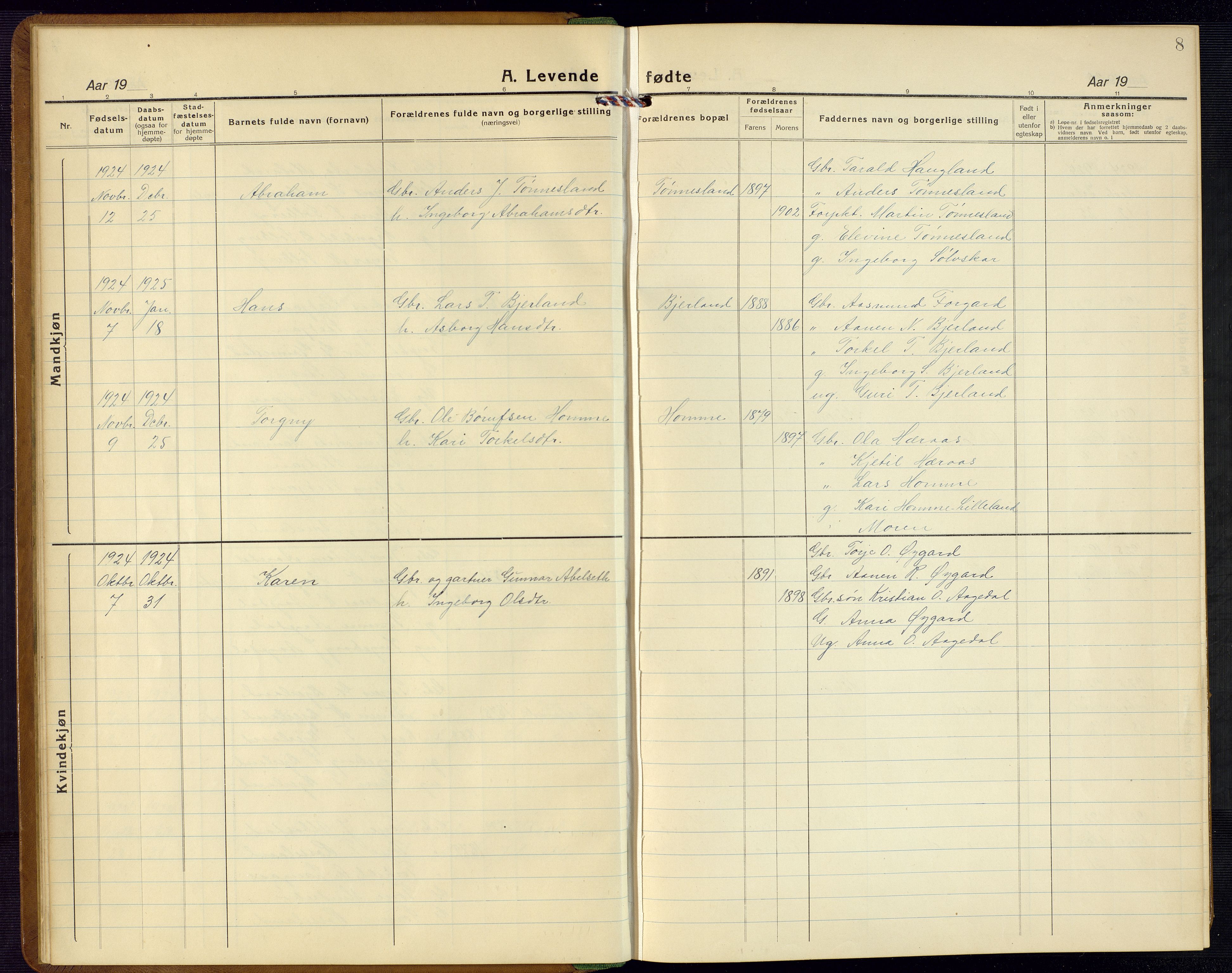 Bjelland sokneprestkontor, SAK/1111-0005/F/Fb/Fba/L0006: Parish register (copy) no. B 6, 1923-1956, p. 8