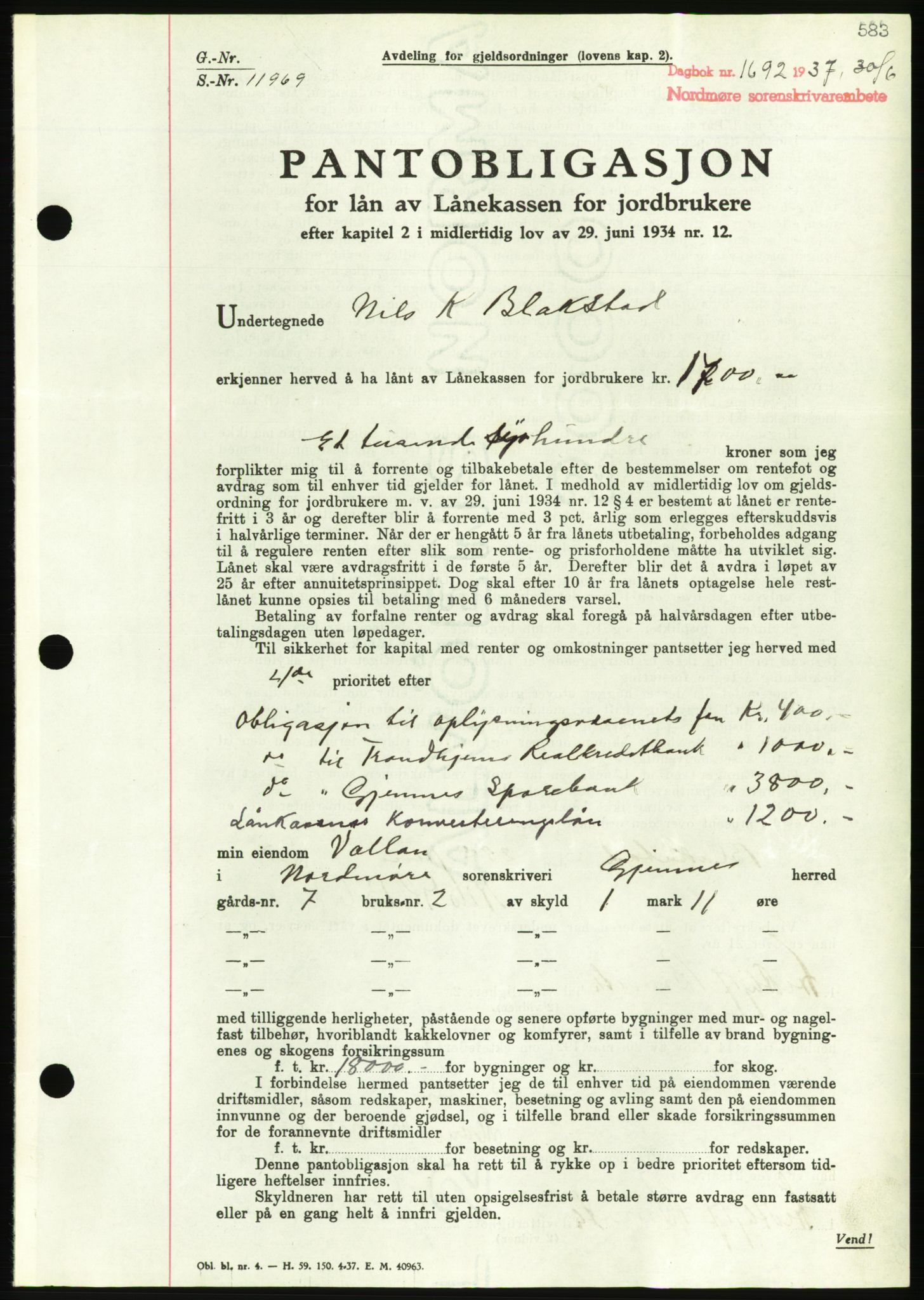 Nordmøre sorenskriveri, AV/SAT-A-4132/1/2/2Ca/L0091: Mortgage book no. B81, 1937-1937, Diary no: : 1692/1937