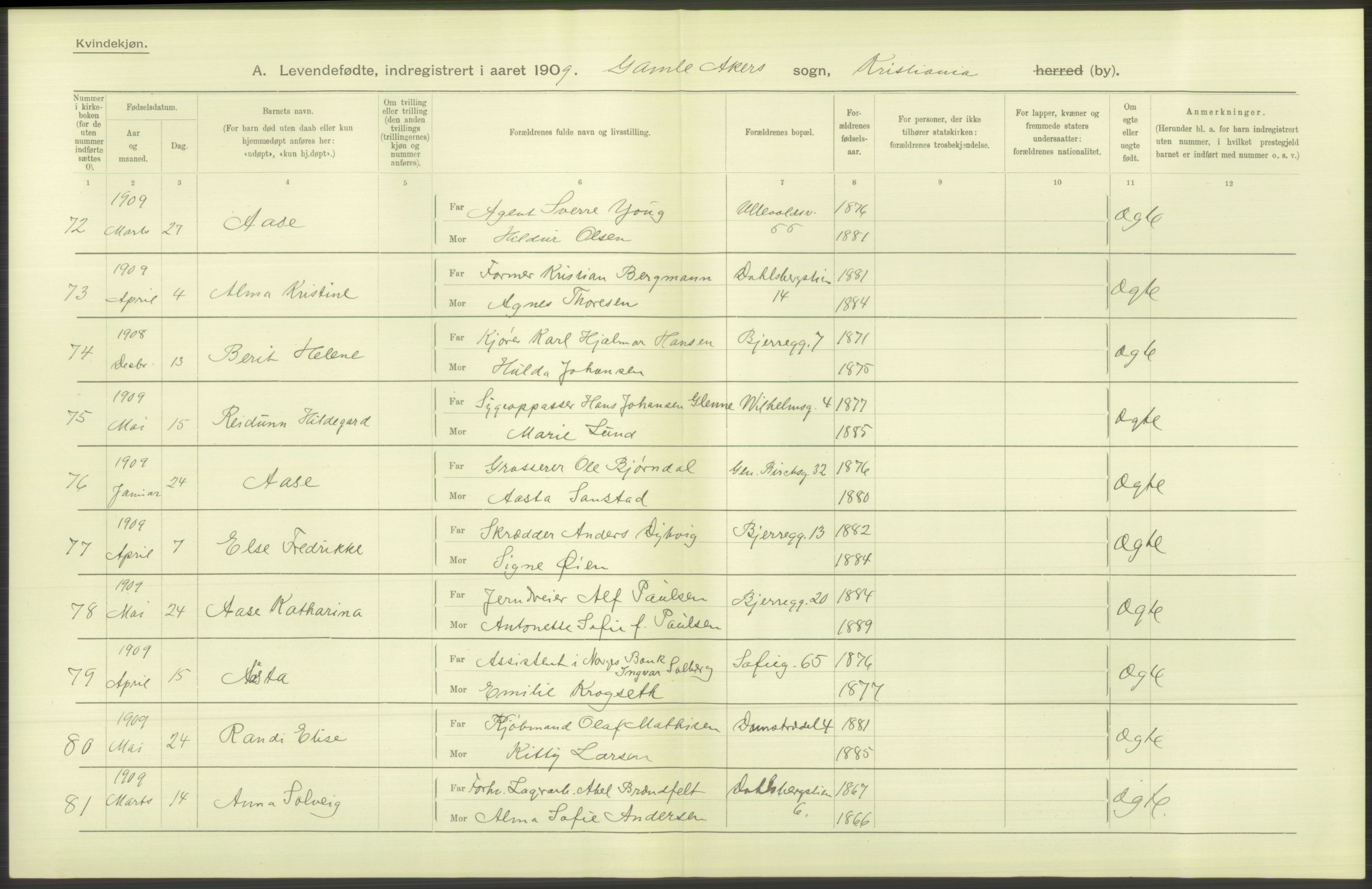 Statistisk sentralbyrå, Sosiodemografiske emner, Befolkning, AV/RA-S-2228/D/Df/Dfa/Dfag/L0007: Kristiania: Levendefødte menn og kvinner., 1909, p. 728