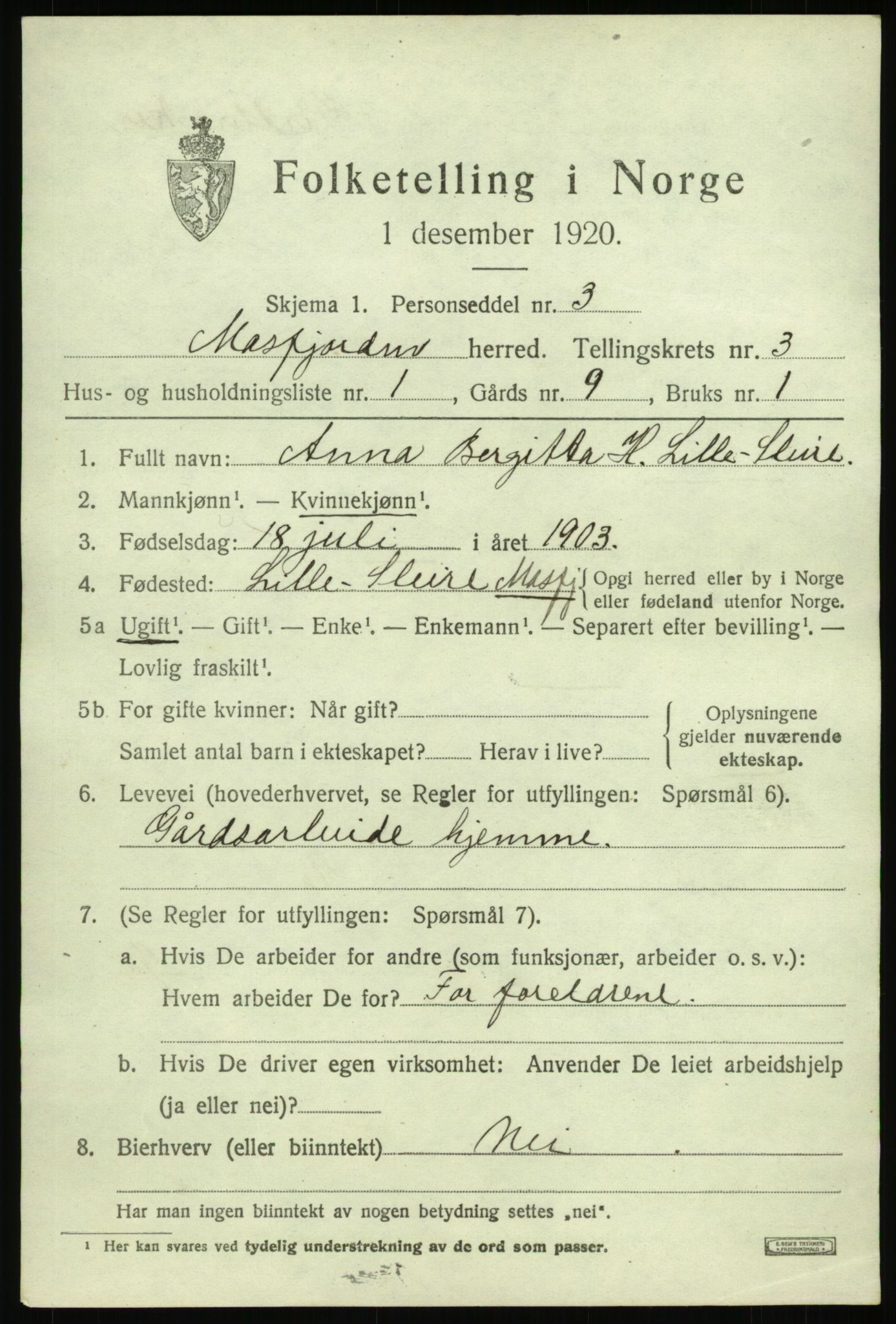 SAB, 1920 census for Masfjorden, 1920, p. 1389