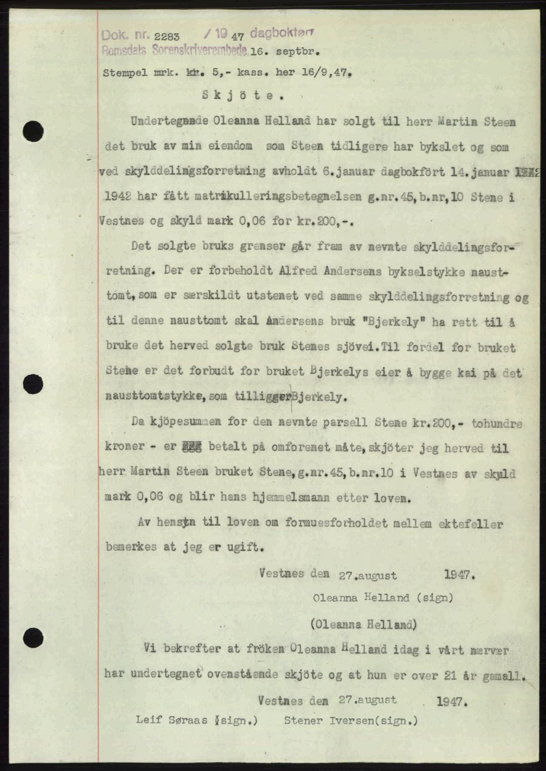 Romsdal sorenskriveri, SAT/A-4149/1/2/2C: Mortgage book no. A24, 1947-1947, Diary no: : 2283/1947