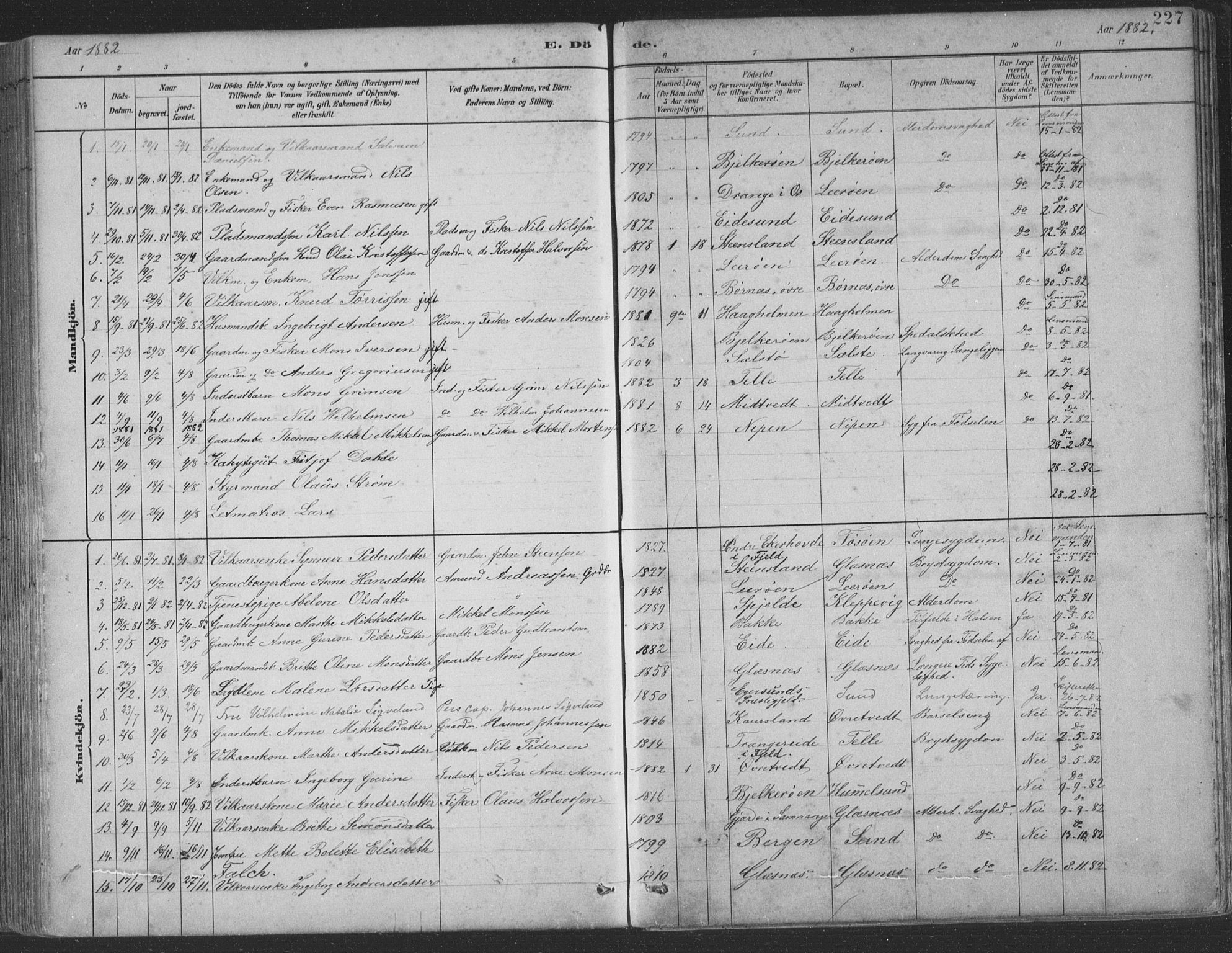 Sund sokneprestembete, AV/SAB-A-99930: Parish register (copy) no. B 3, 1882-1911, p. 227