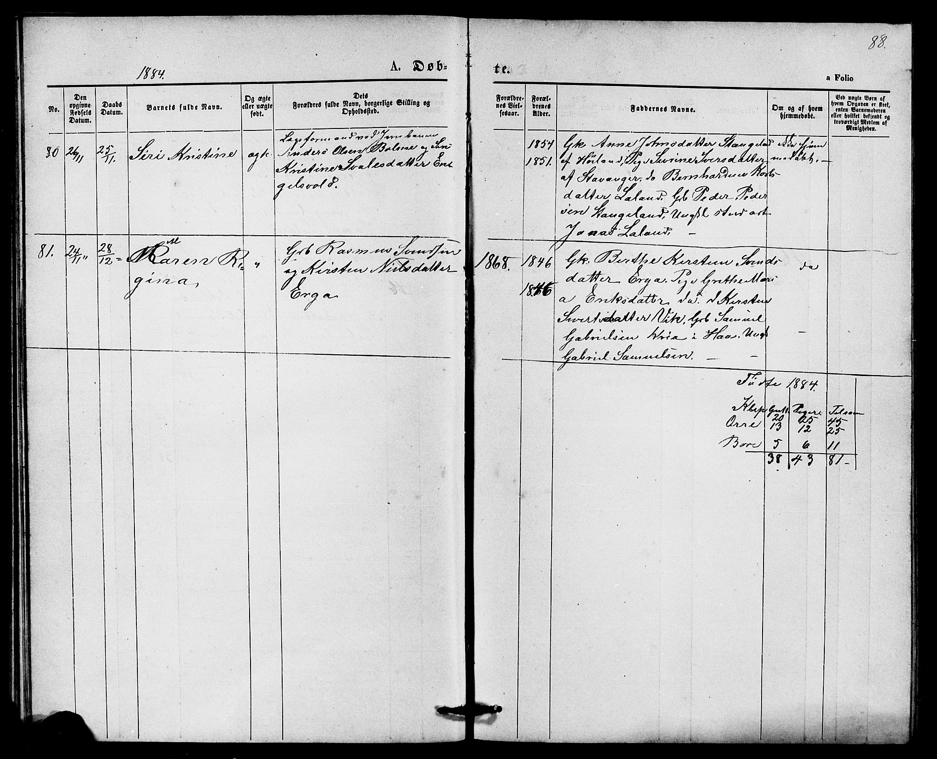 Klepp sokneprestkontor, AV/SAST-A-101803/001/3/30BB/L0003: Parish register (copy) no. B 3, 1876-1888, p. 88