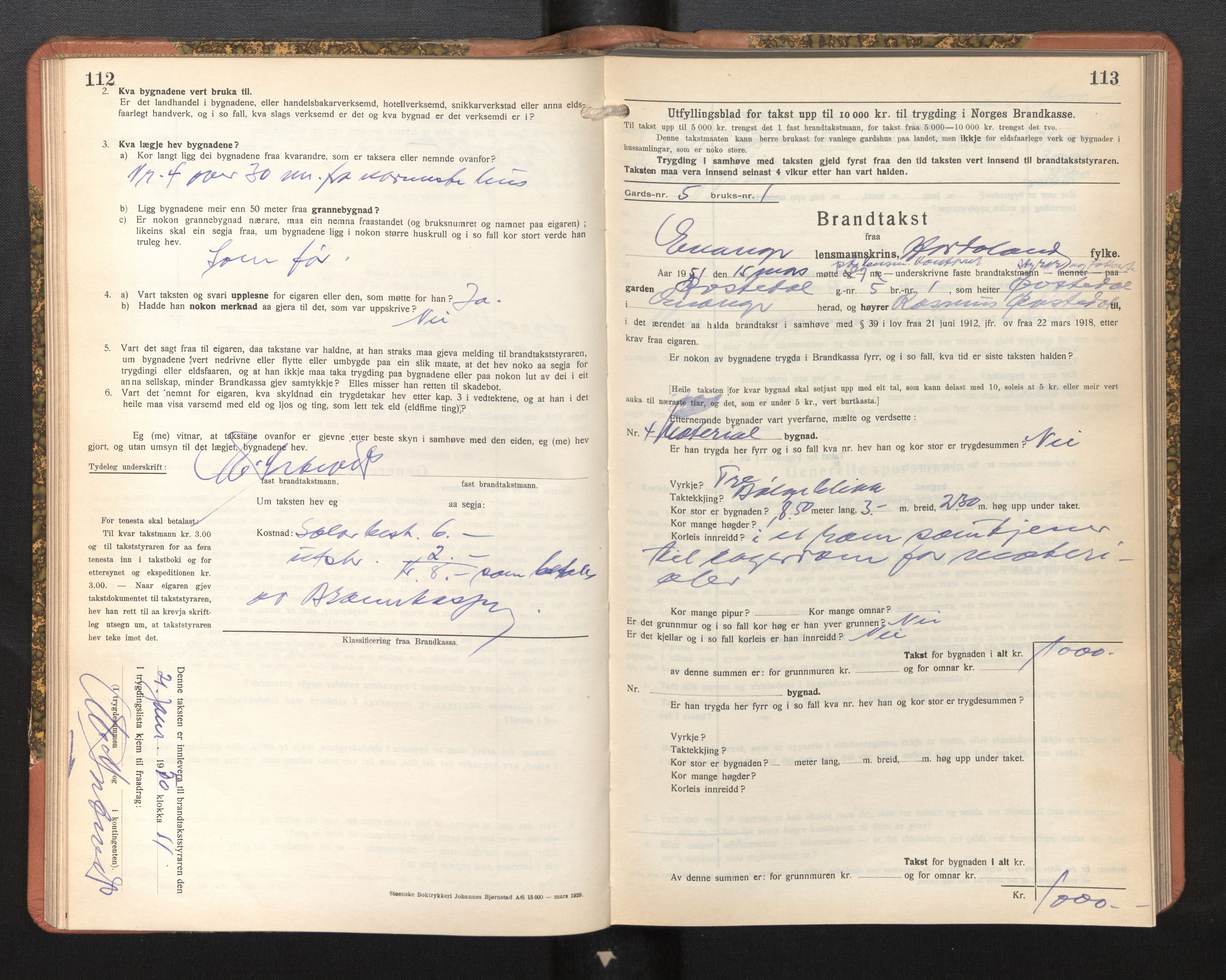 Lensmannen i Evanger, SAB/A-31701/0012/L0006: Branntakstprotokoll, skjematakst, 1936-1955, p. 112-113