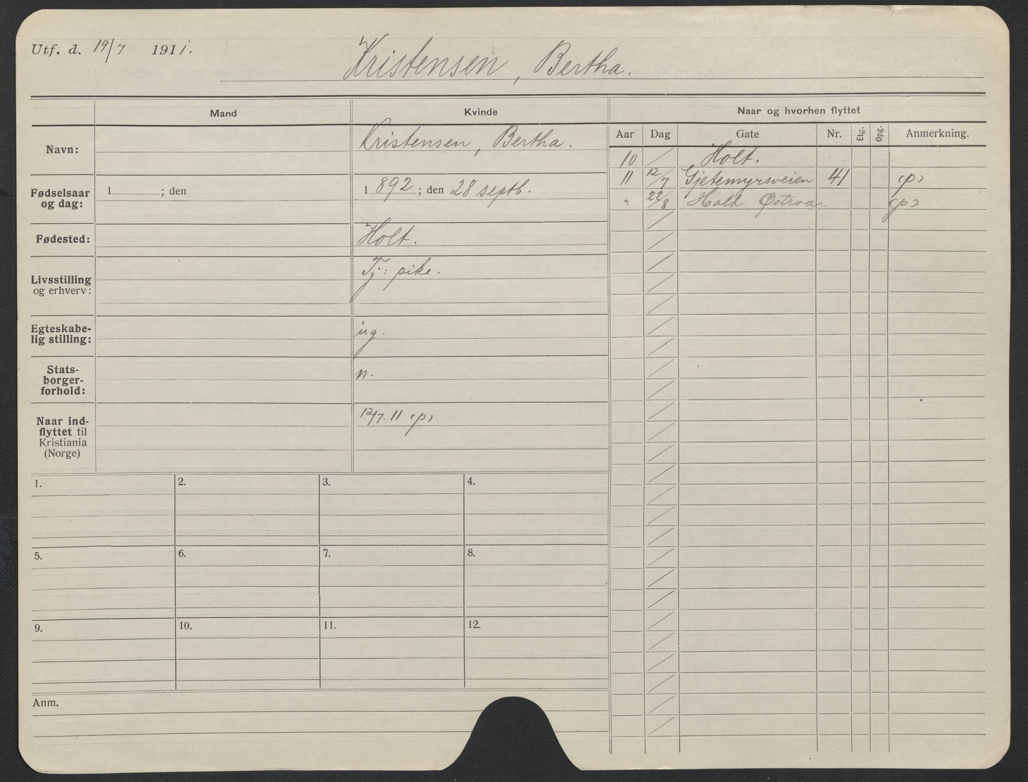 Oslo folkeregister, Registerkort, AV/SAO-A-11715/F/Fa/Fac/L0019: Kvinner, 1906-1914, p. 121a