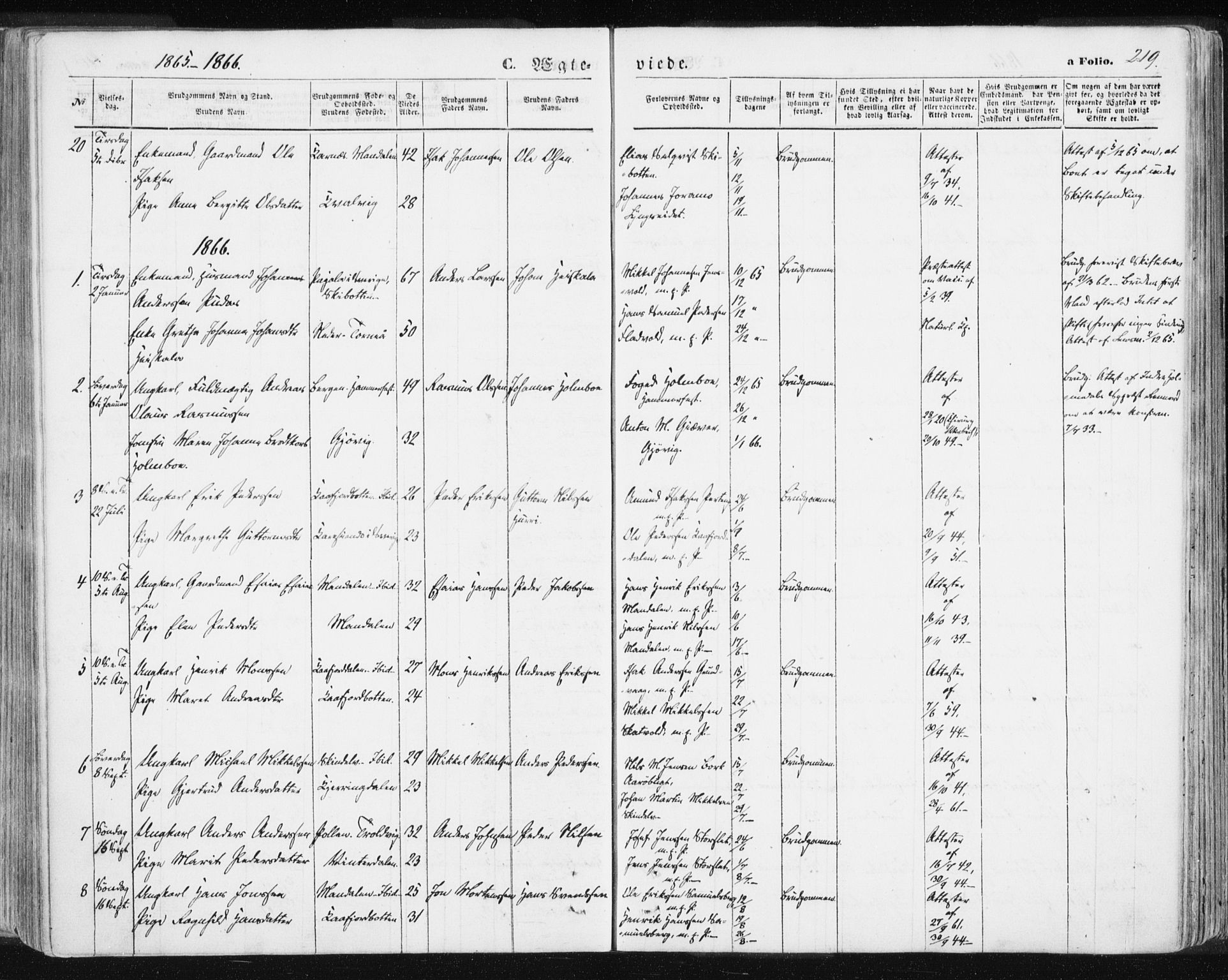 Lyngen sokneprestembete, SATØ/S-1289/H/He/Hea/L0005kirke: Parish register (official) no. 5, 1859-1869, p. 219