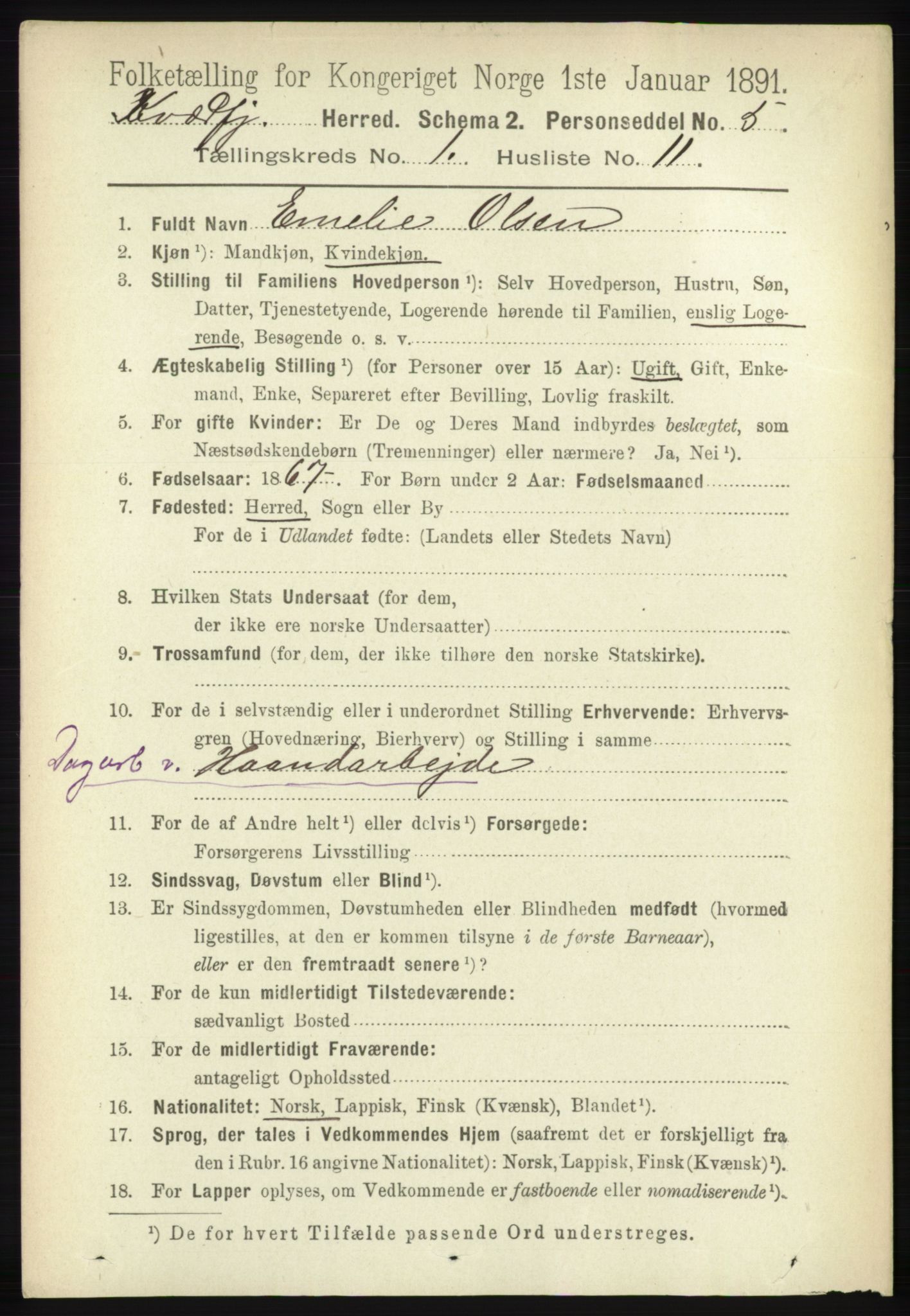 RA, 1891 census for 1911 Kvæfjord, 1891, p. 167