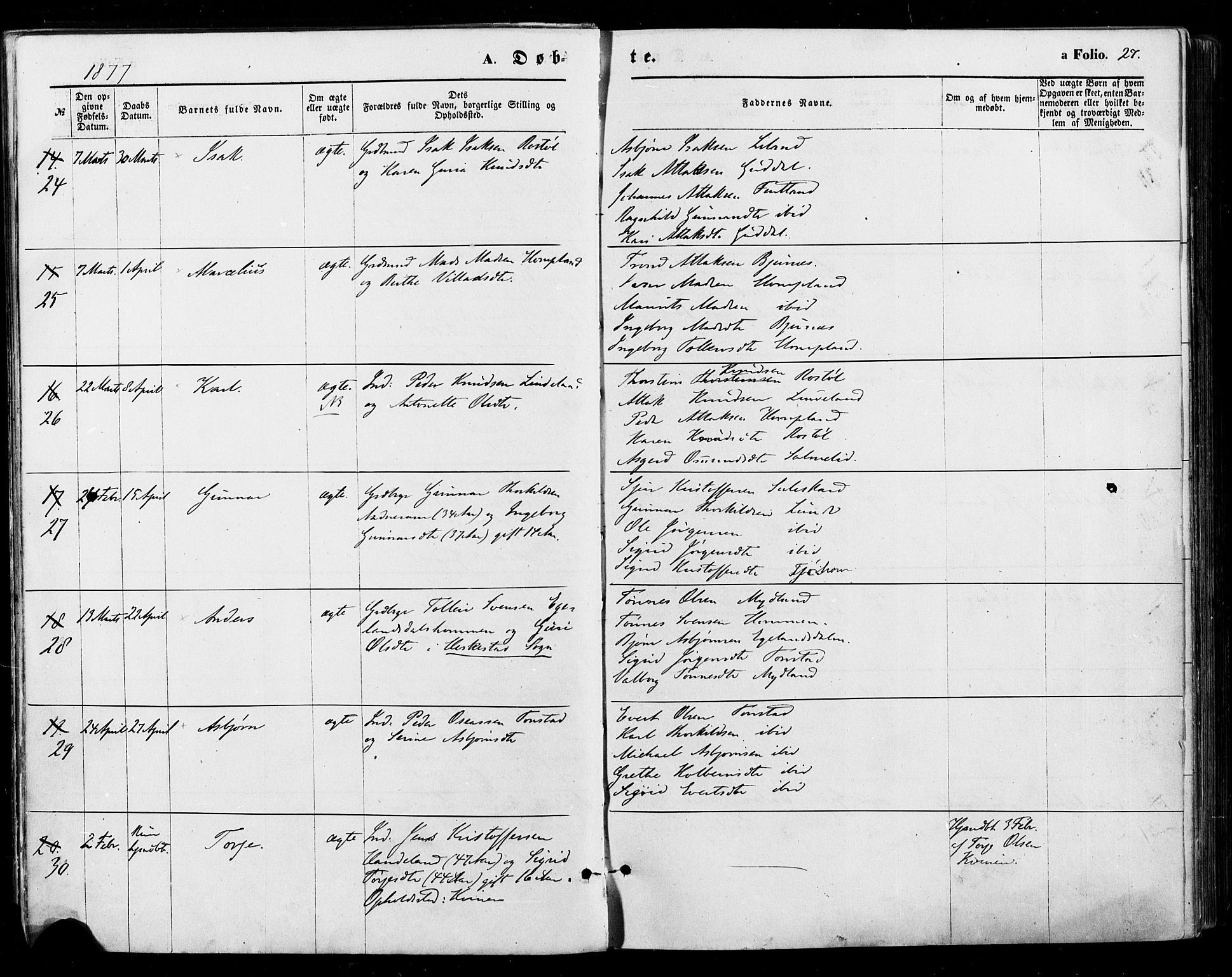 Sirdal sokneprestkontor, AV/SAK-1111-0036/F/Fa/Fab/L0003: Parish register (official) no. A 3, 1874-1886, p. 27