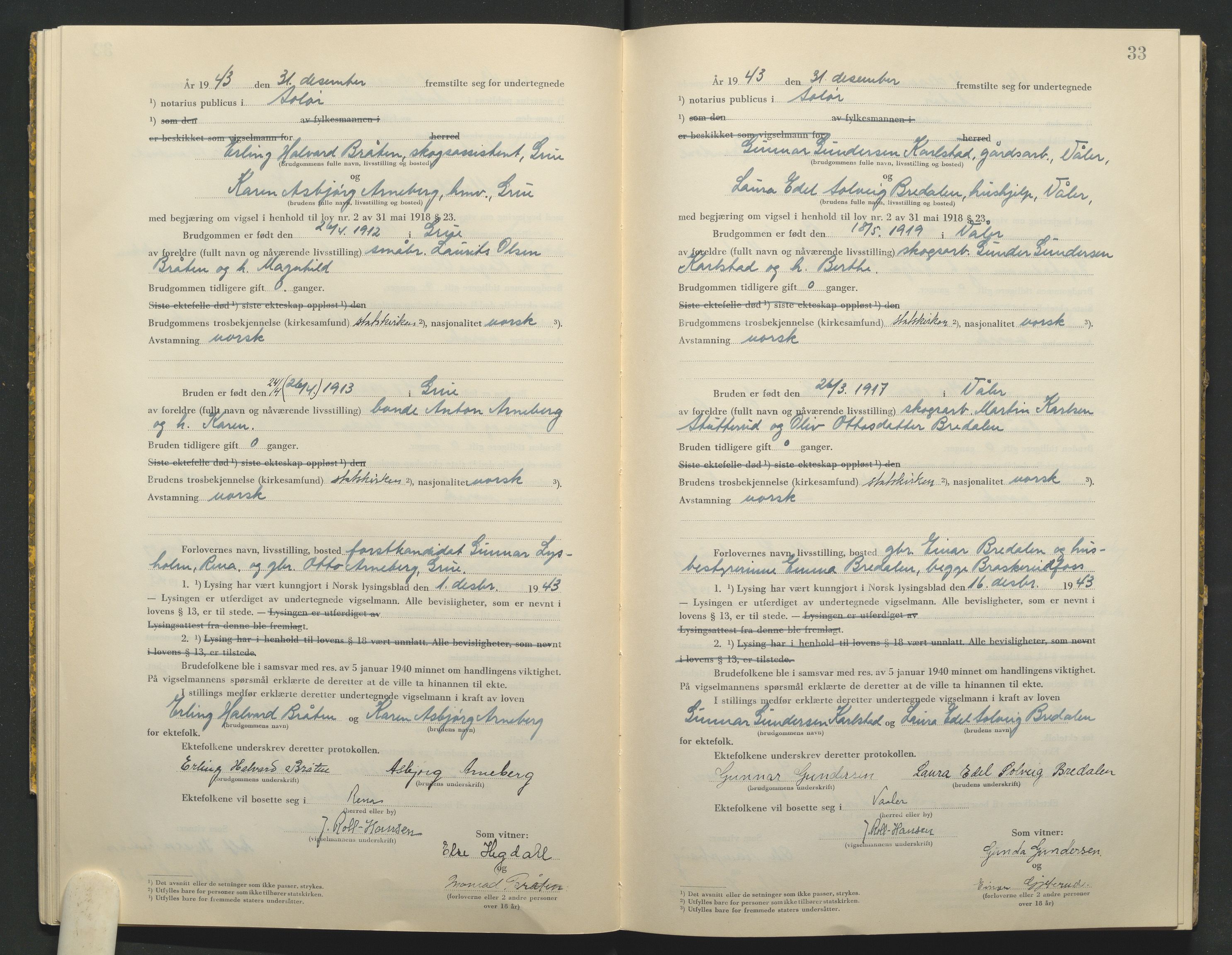 Solør tingrett, AV/SAH-TING-008/L/Lb/L0002: Vigselprotokoll, 1943-1944, p. 33
