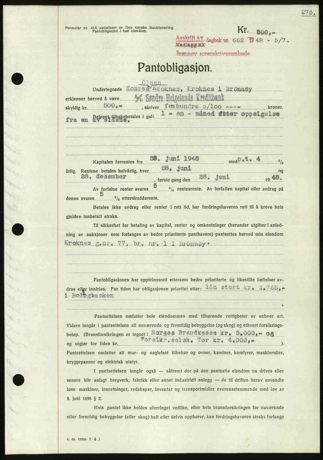 Brønnøy sorenskriveri, SAT/A-4170/1/2/2C: Mortgage book no. 30, 1948-1948, Diary no: : 662/1948