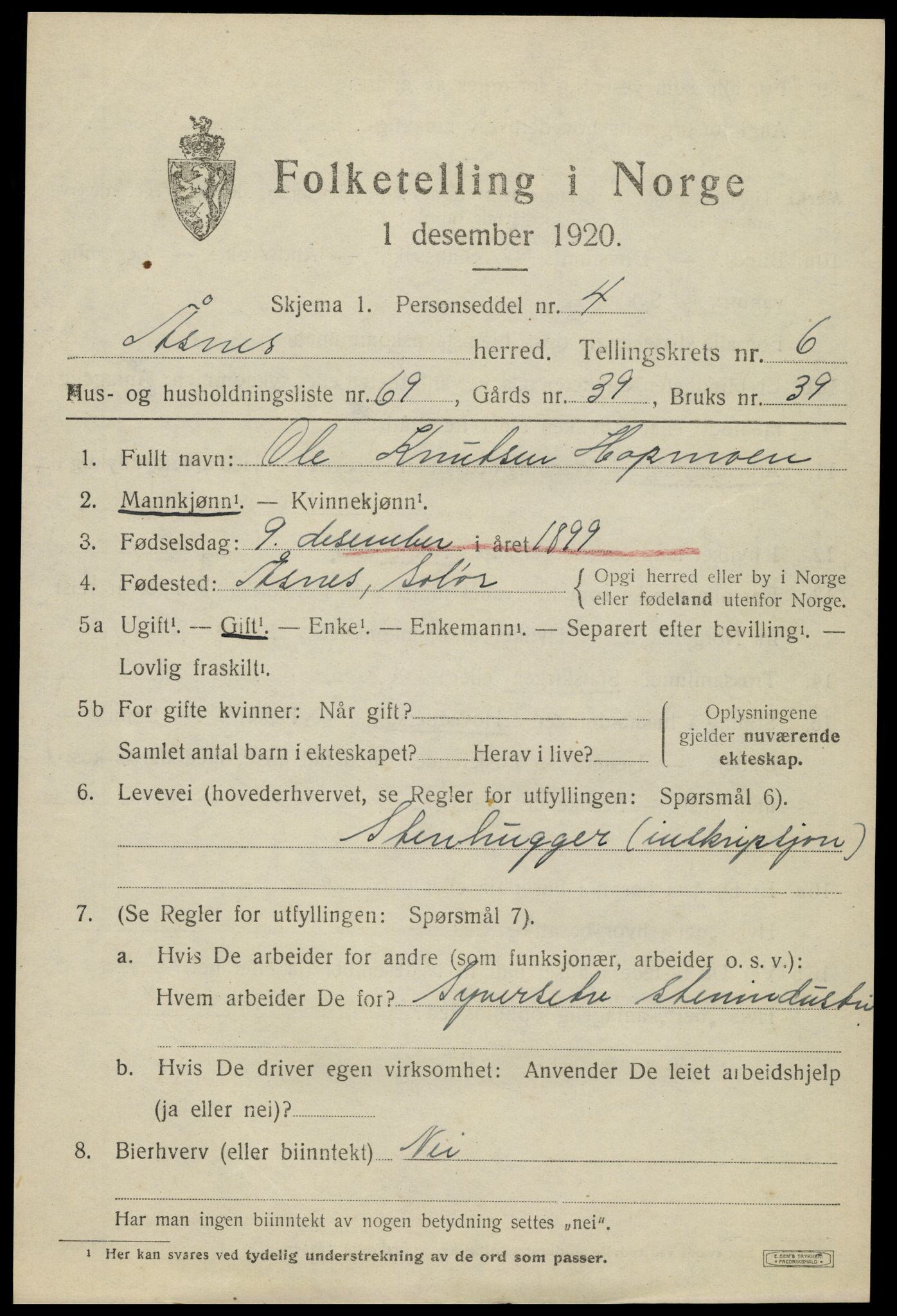 SAH, 1920 census for Åsnes, 1920, p. 8530