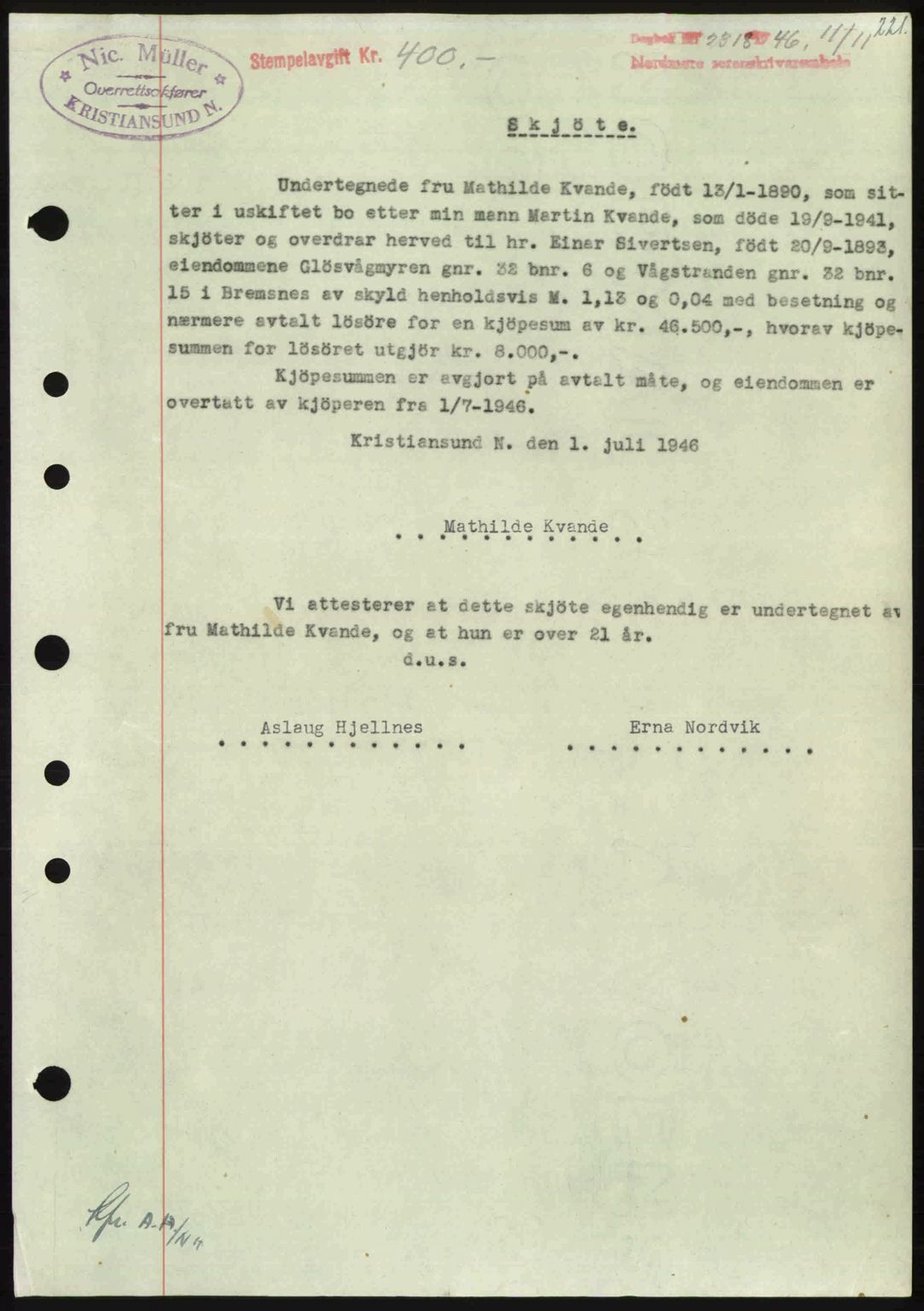 Nordmøre sorenskriveri, AV/SAT-A-4132/1/2/2Ca: Mortgage book no. A103, 1946-1947, Diary no: : 2318/1946