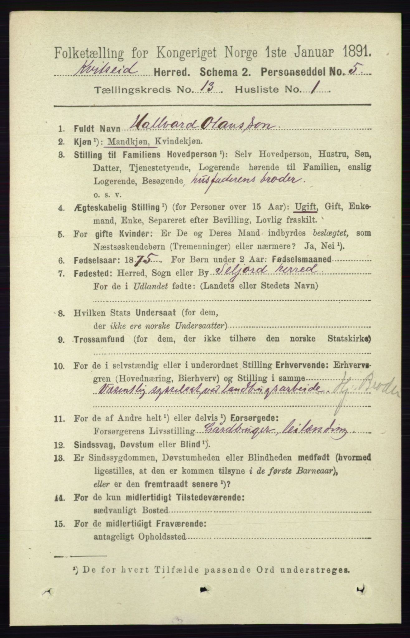 RA, 1891 census for 0829 Kviteseid, 1891, p. 3086