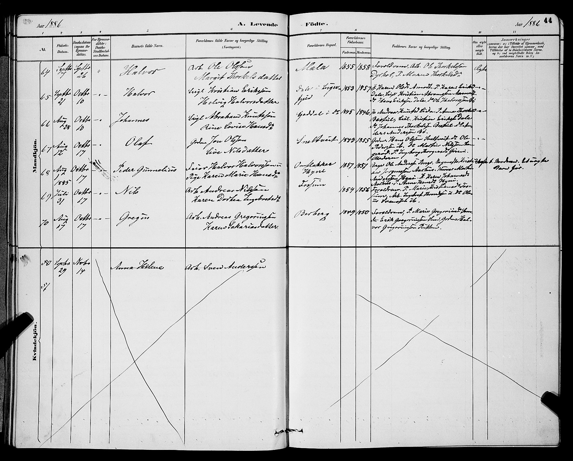 Gjerpen kirkebøker, SAKO/A-265/G/Ga/L0002: Parish register (copy) no. I 2, 1883-1900, p. 44