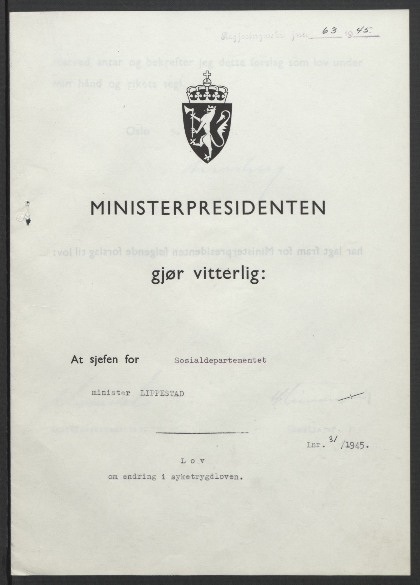 NS-administrasjonen 1940-1945 (Statsrådsekretariatet, de kommisariske statsråder mm), RA/S-4279/D/Db/L0101/0001: -- / Lover og vedtak, 1945, p. 129