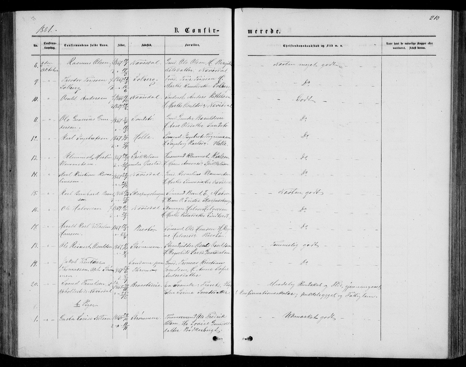 Øyestad sokneprestkontor, AV/SAK-1111-0049/F/Fb/L0008: Parish register (copy) no. B 8, 1872-1886, p. 210