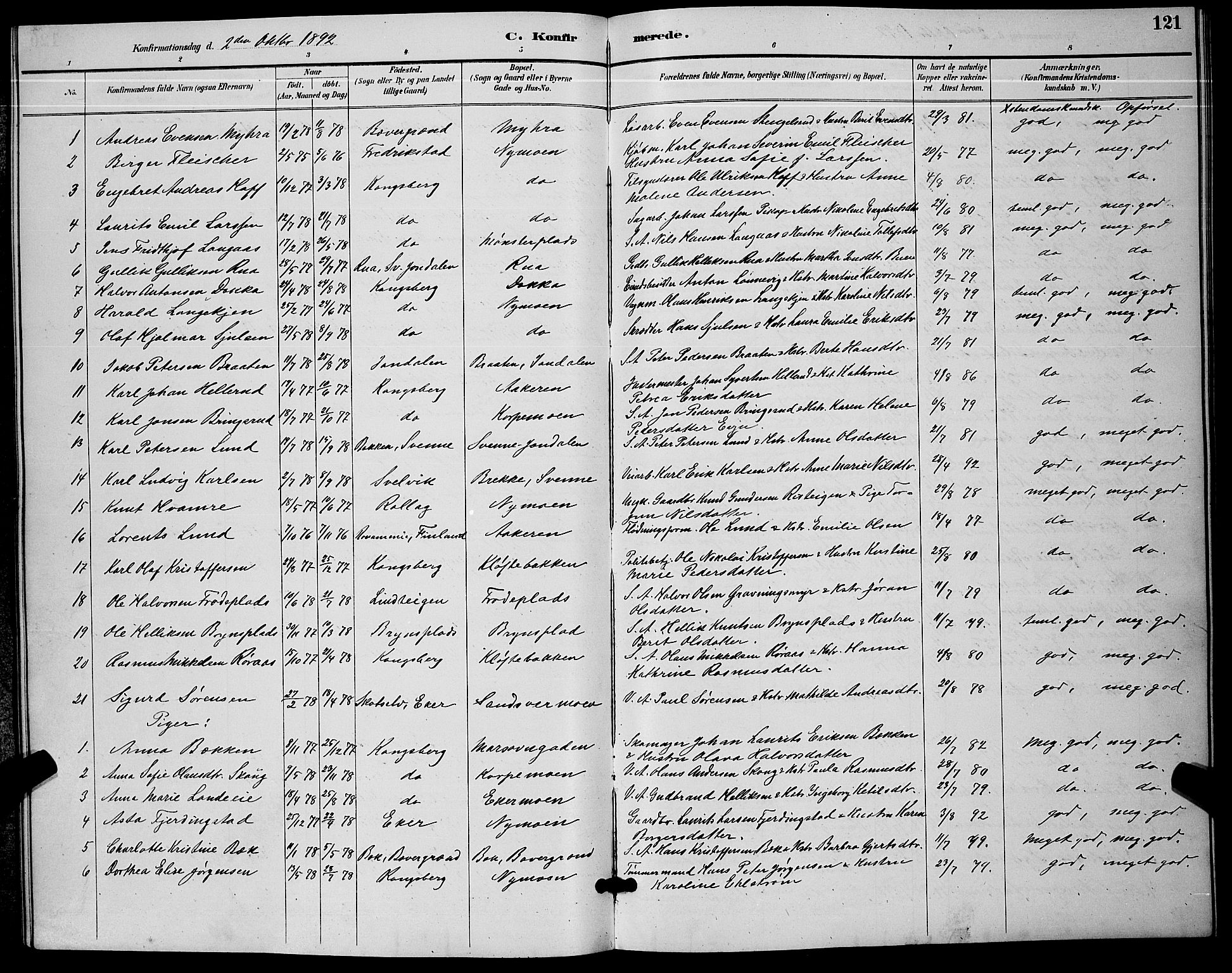 Kongsberg kirkebøker, SAKO/A-22/G/Ga/L0006: Parish register (copy) no. 6, 1890-1901, p. 121