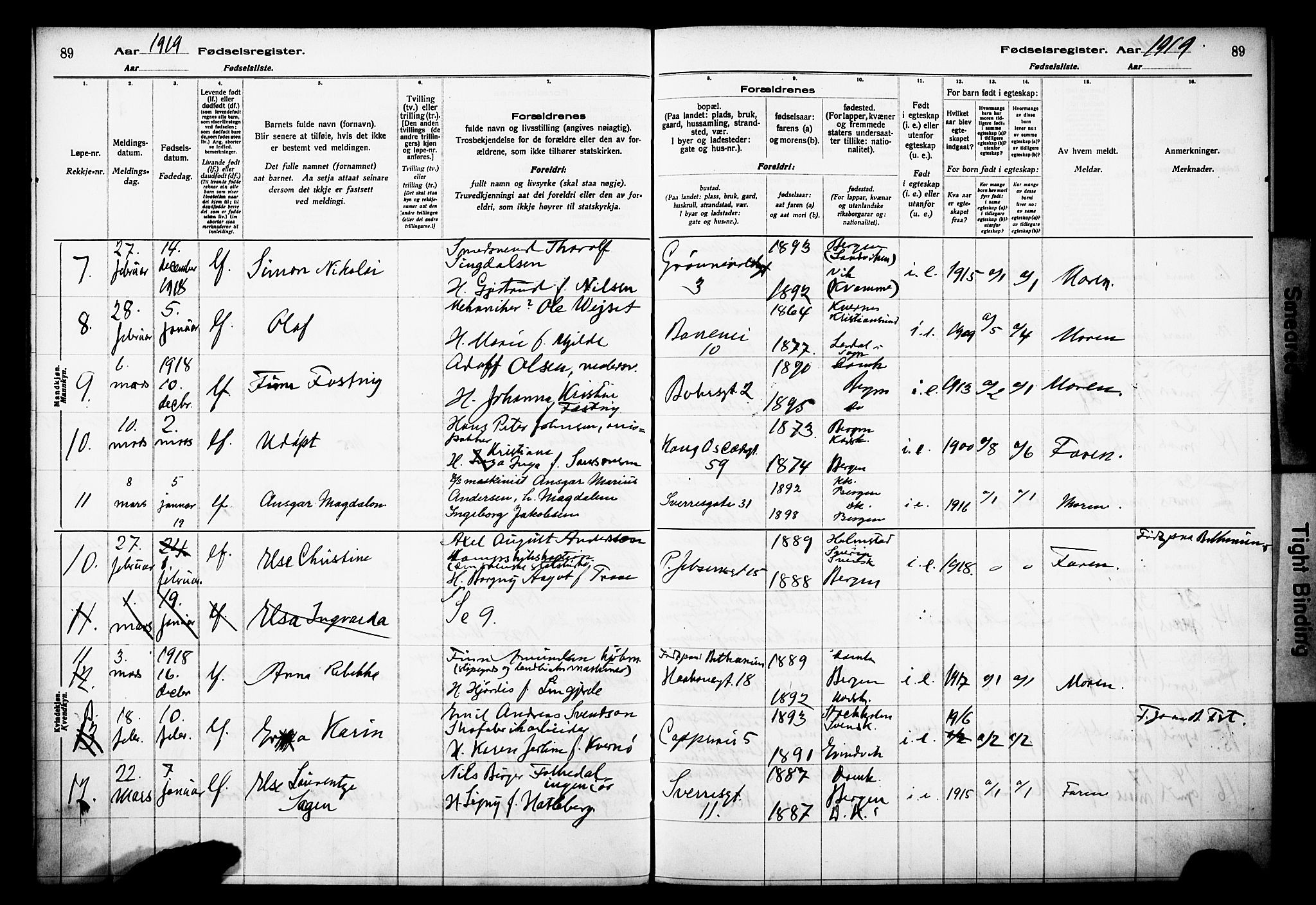 Domkirken sokneprestembete, AV/SAB-A-74801/I/Id/L00A1: Birth register no. A 1, 1916-1923, p. 89