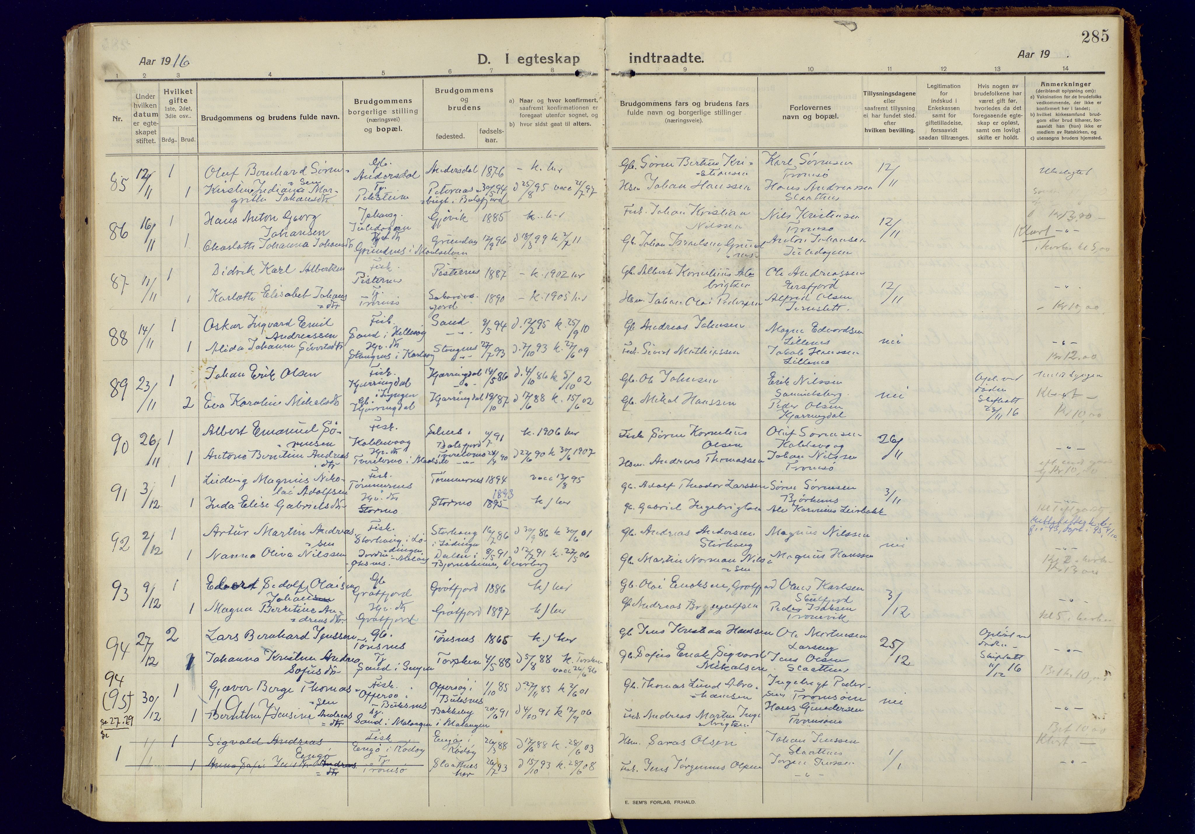 Tromsøysund sokneprestkontor, AV/SATØ-S-1304/G/Ga/L0008kirke: Parish register (official) no. 8, 1914-1922, p. 285