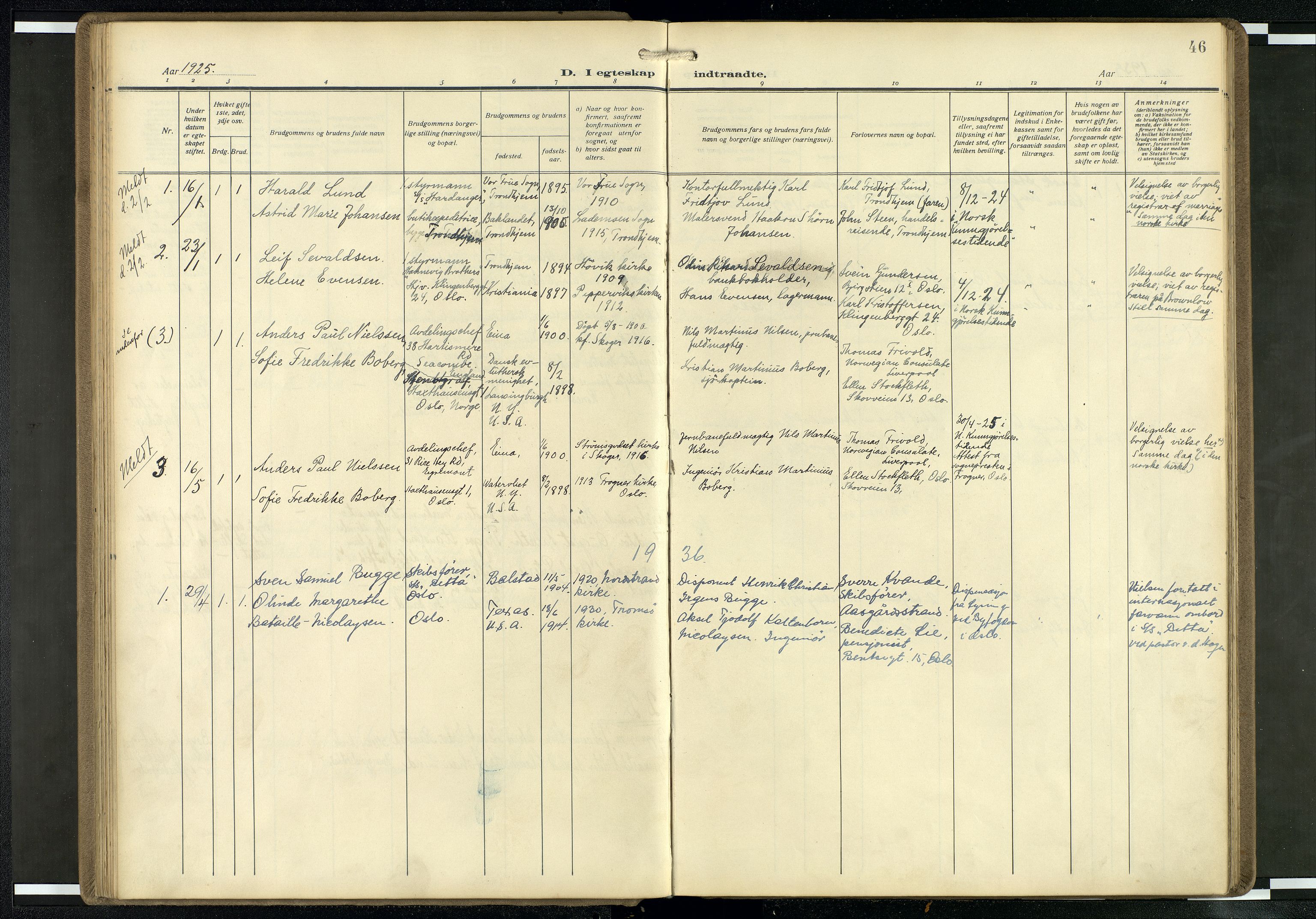 Den norske sjømannsmisjon i utlandet/Mersey-havnene (Liverpool), SAB/SAB/PA-0104/H/Ha/L0001: Parish register (official) no. A 1, 1919-1954, p. 45b-46a
