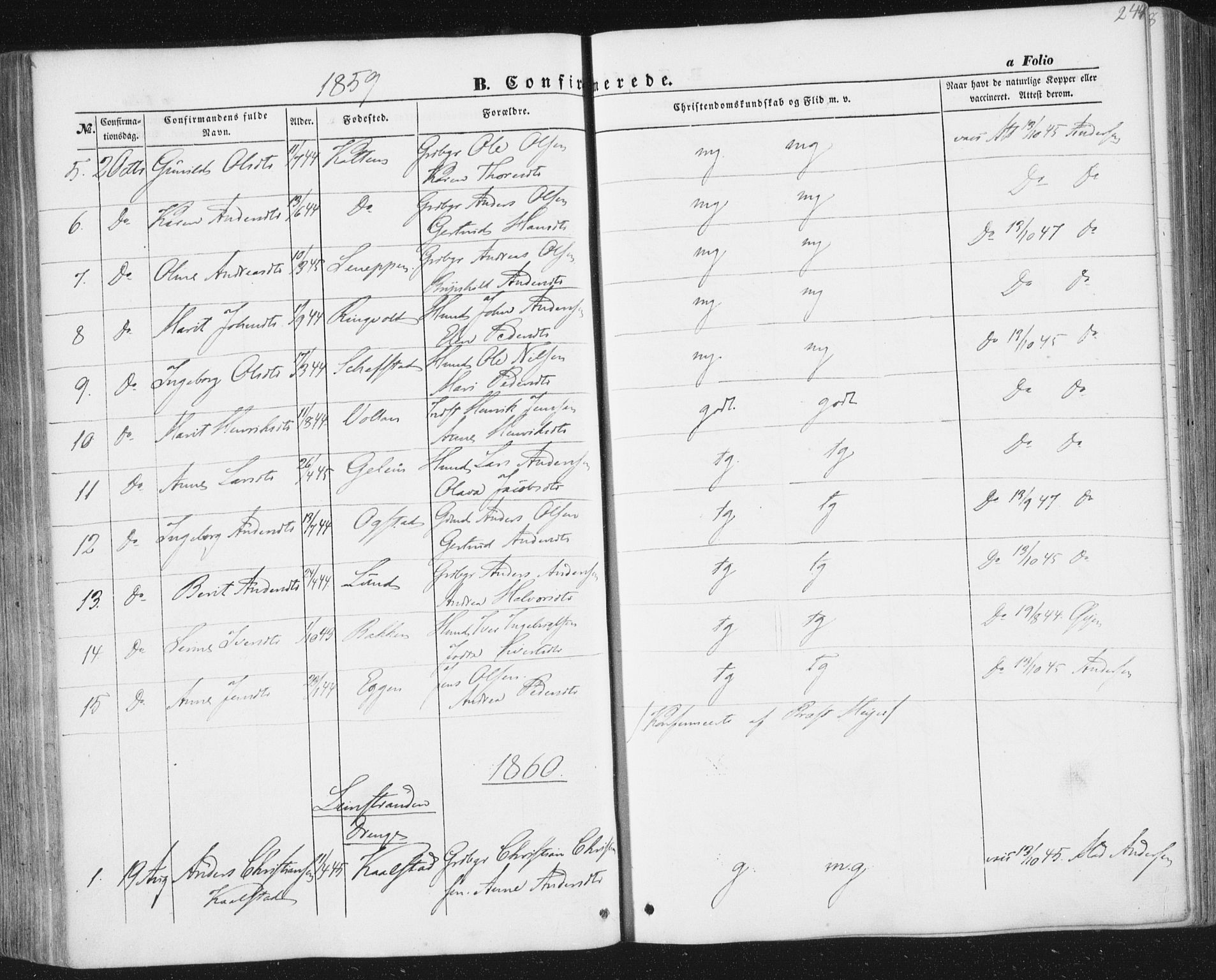 Ministerialprotokoller, klokkerbøker og fødselsregistre - Sør-Trøndelag, SAT/A-1456/691/L1076: Parish register (official) no. 691A08, 1852-1861, p. 244