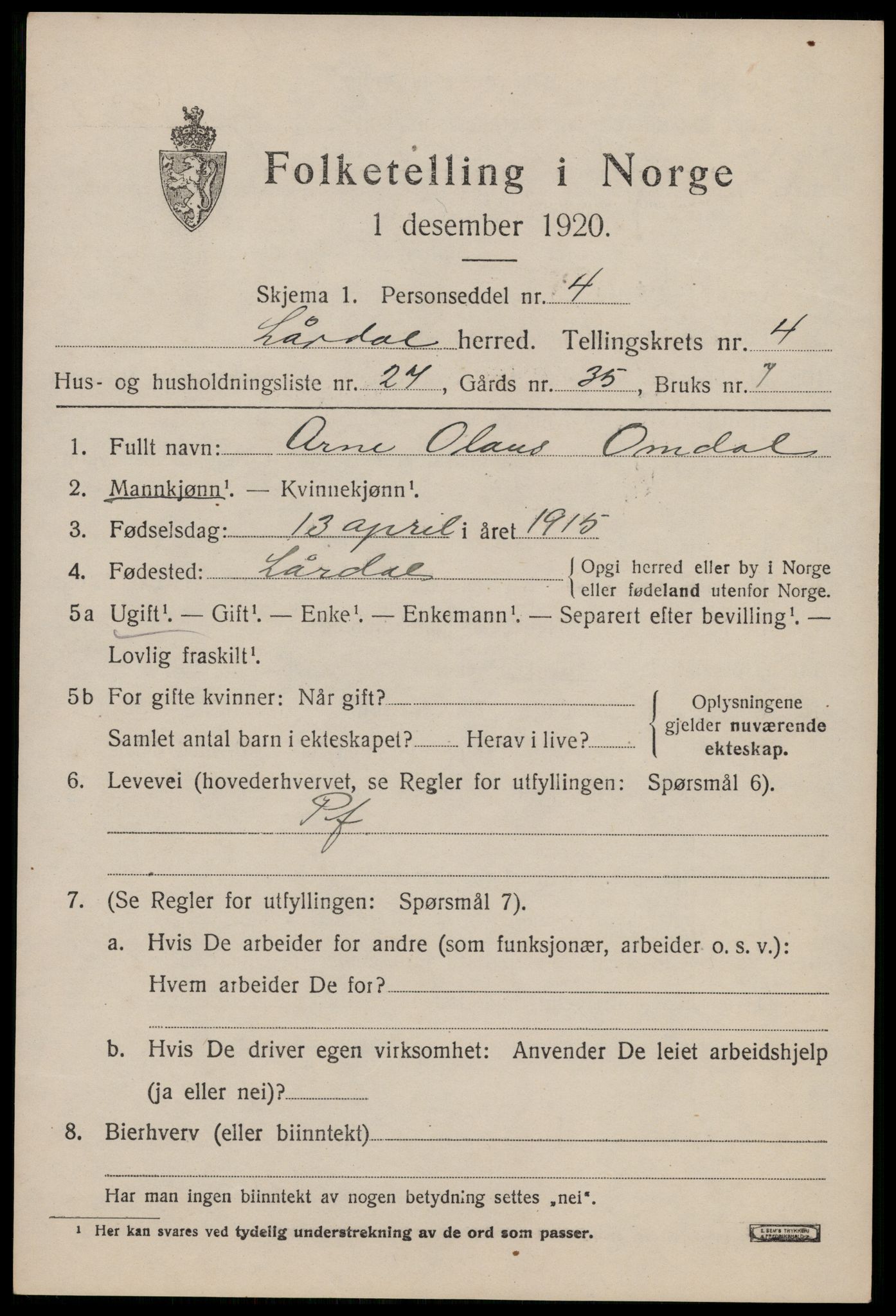 SAKO, 1920 census for Lårdal, 1920, p. 2397