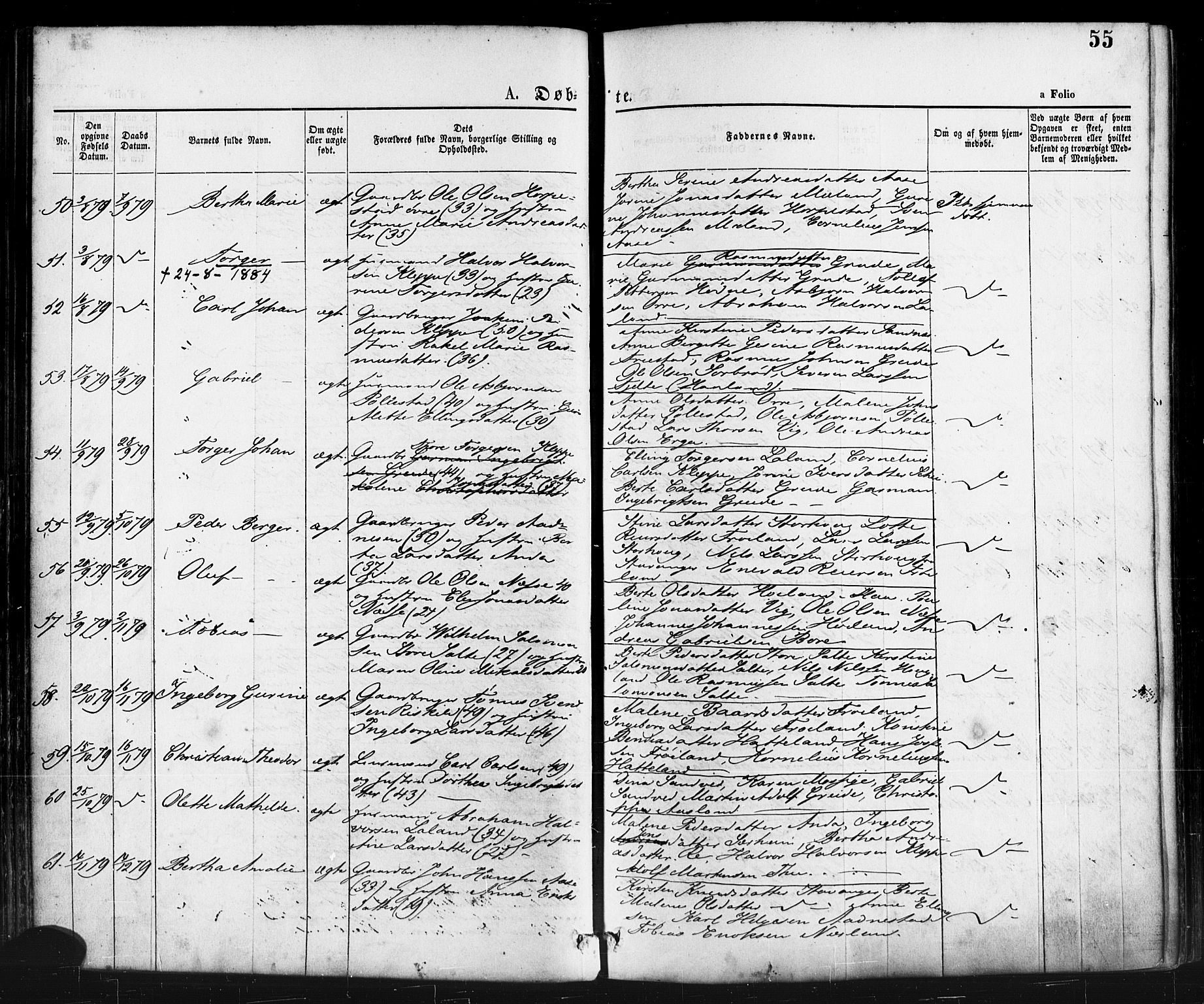 Klepp sokneprestkontor, AV/SAST-A-101803/001/3/30BA/L0006: Parish register (official) no. A 6, 1871-1885, p. 55