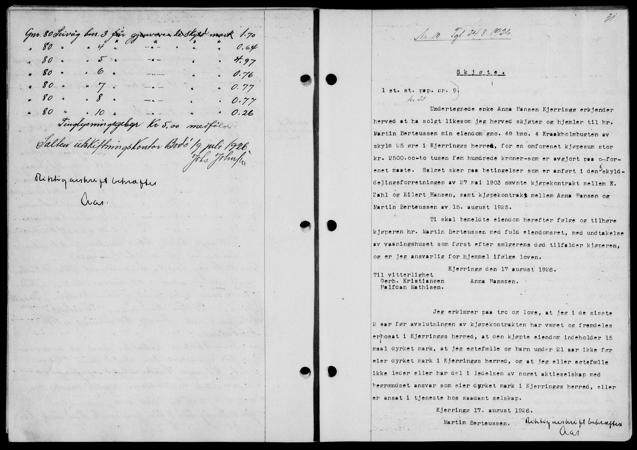 Salten sorenskriveri, SAT/A-4578/1/2/2C/L0054: Mortgage book no. 44, 1926-1927, Deed date: 24.08.1926