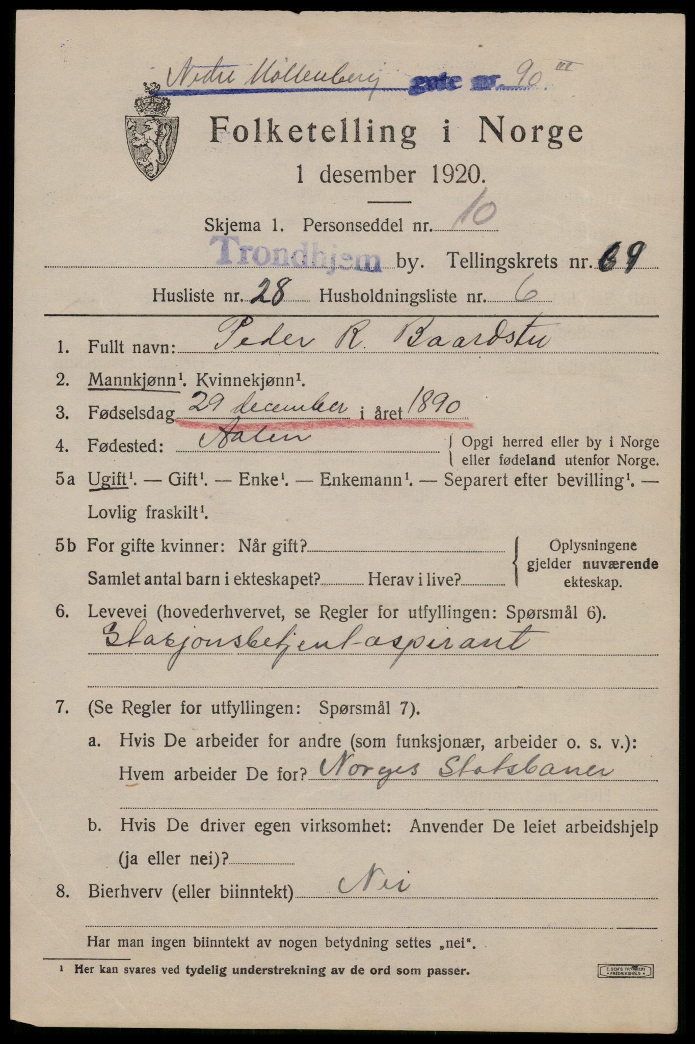 SAT, 1920 census for Trondheim, 1920, p. 137936