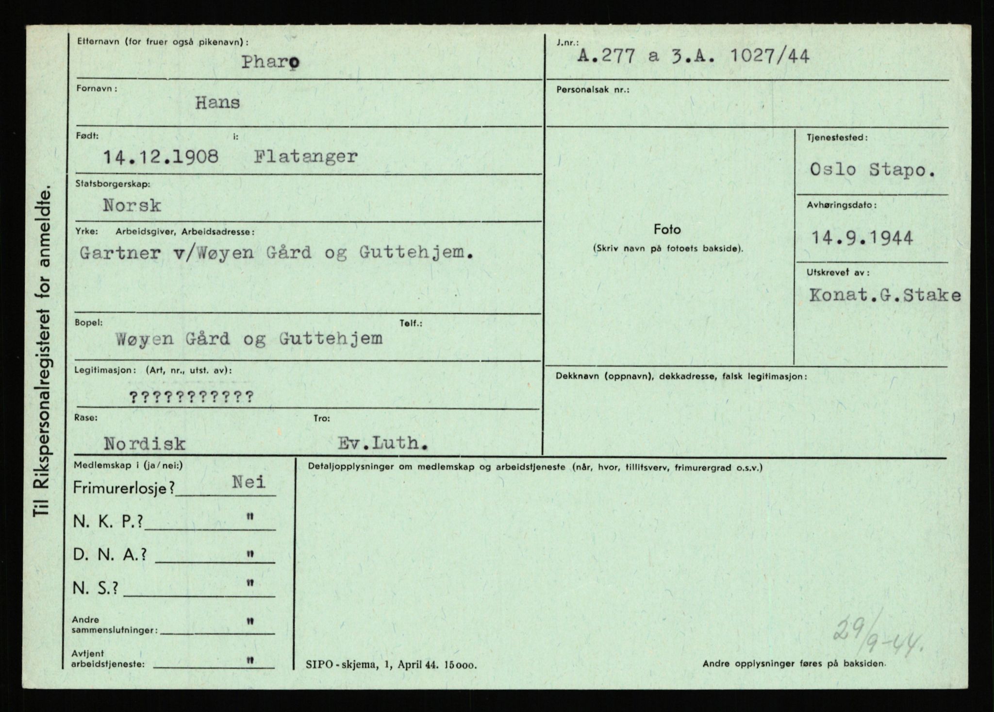 Statspolitiet - Hovedkontoret / Osloavdelingen, AV/RA-S-1329/C/Ca/L0012: Oanæs - Quistgaard	, 1943-1945, p. 4488
