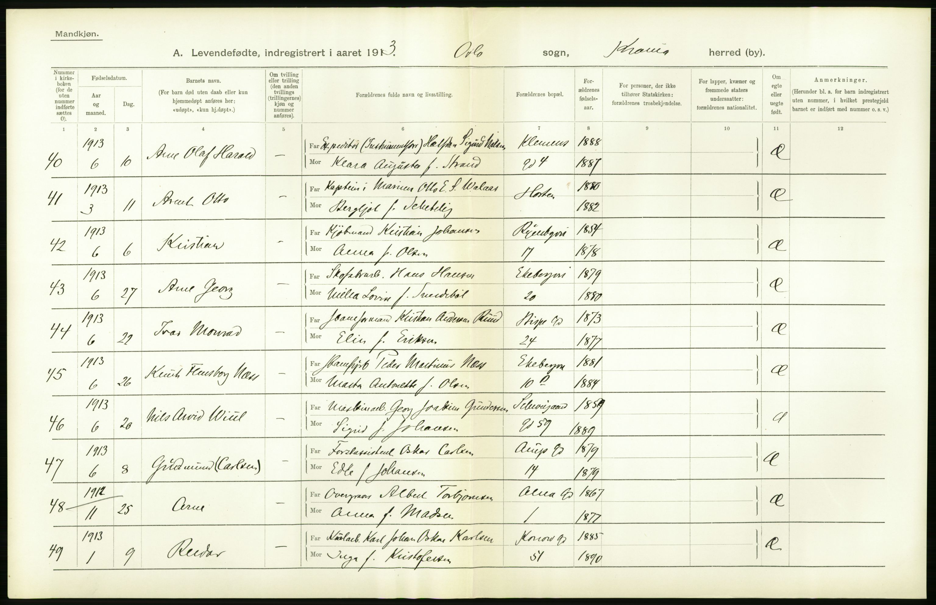 Statistisk sentralbyrå, Sosiodemografiske emner, Befolkning, RA/S-2228/D/Df/Dfb/Dfbc/L0007: Kristiania: Levendefødte menn og kvinner., 1913, p. 802