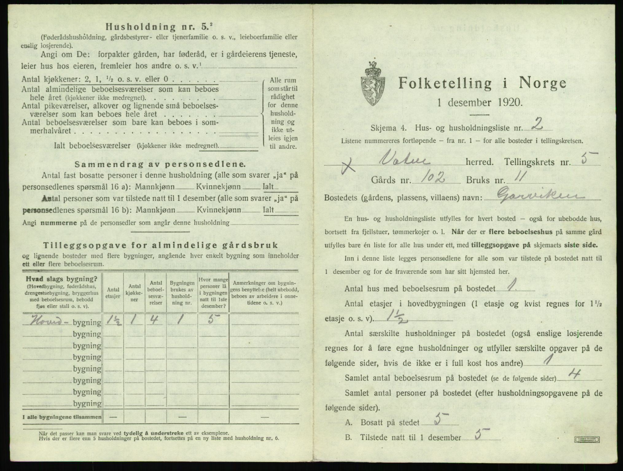 SAT, 1920 census for Vatne, 1920, p. 294