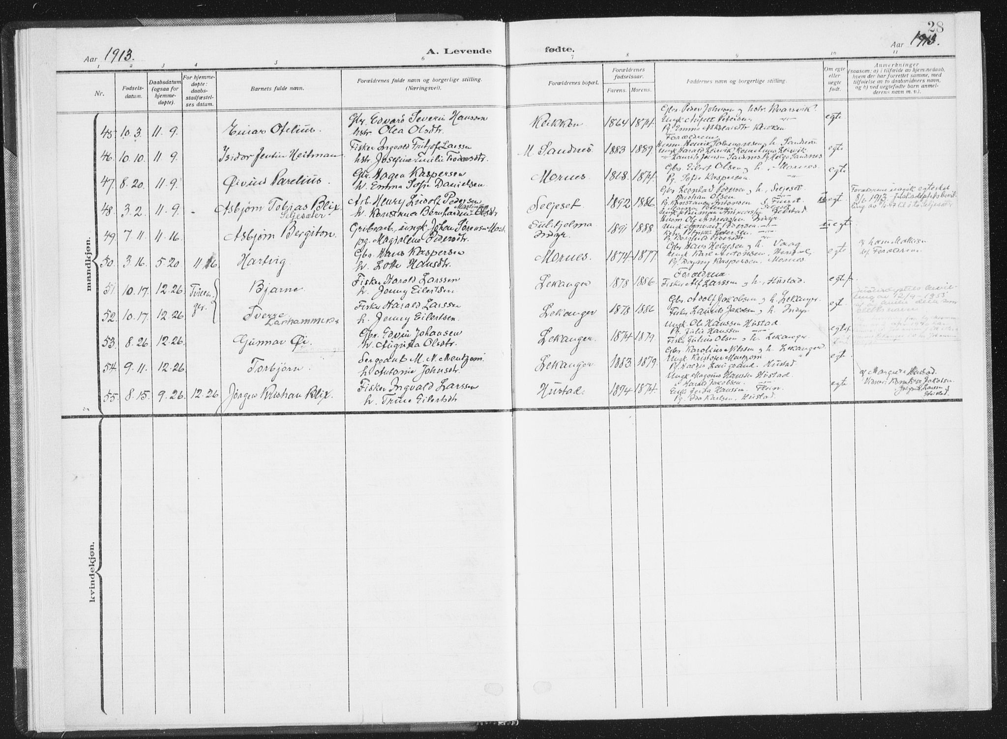 Ministerialprotokoller, klokkerbøker og fødselsregistre - Nordland, SAT/A-1459/805/L0104: Parish register (official) no. 805A09, 1909-1926, p. 28