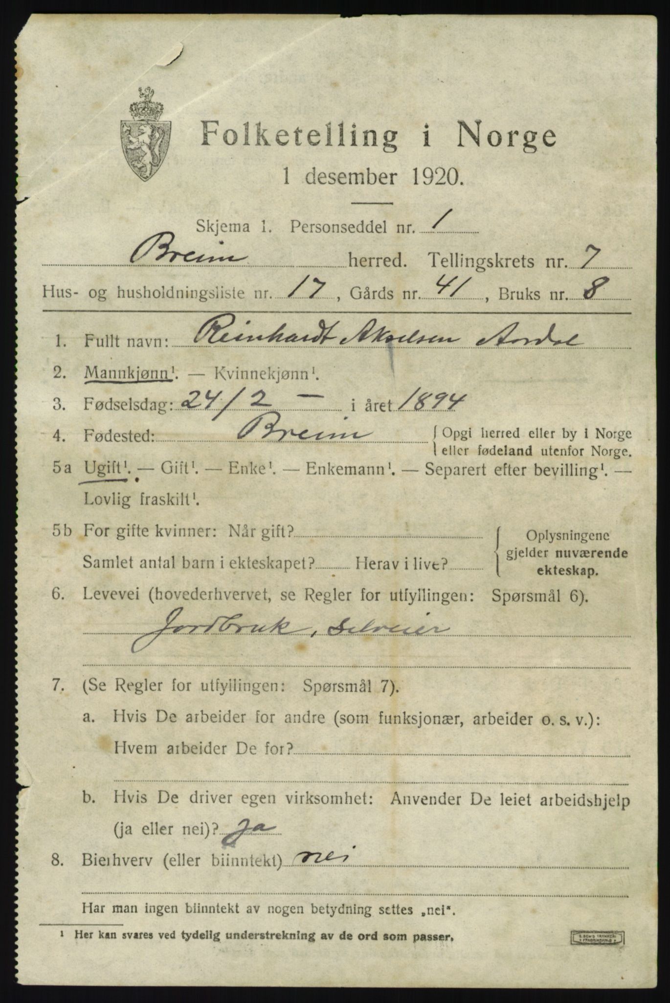 SAB, 1920 census for Breim, 1920, p. 4035