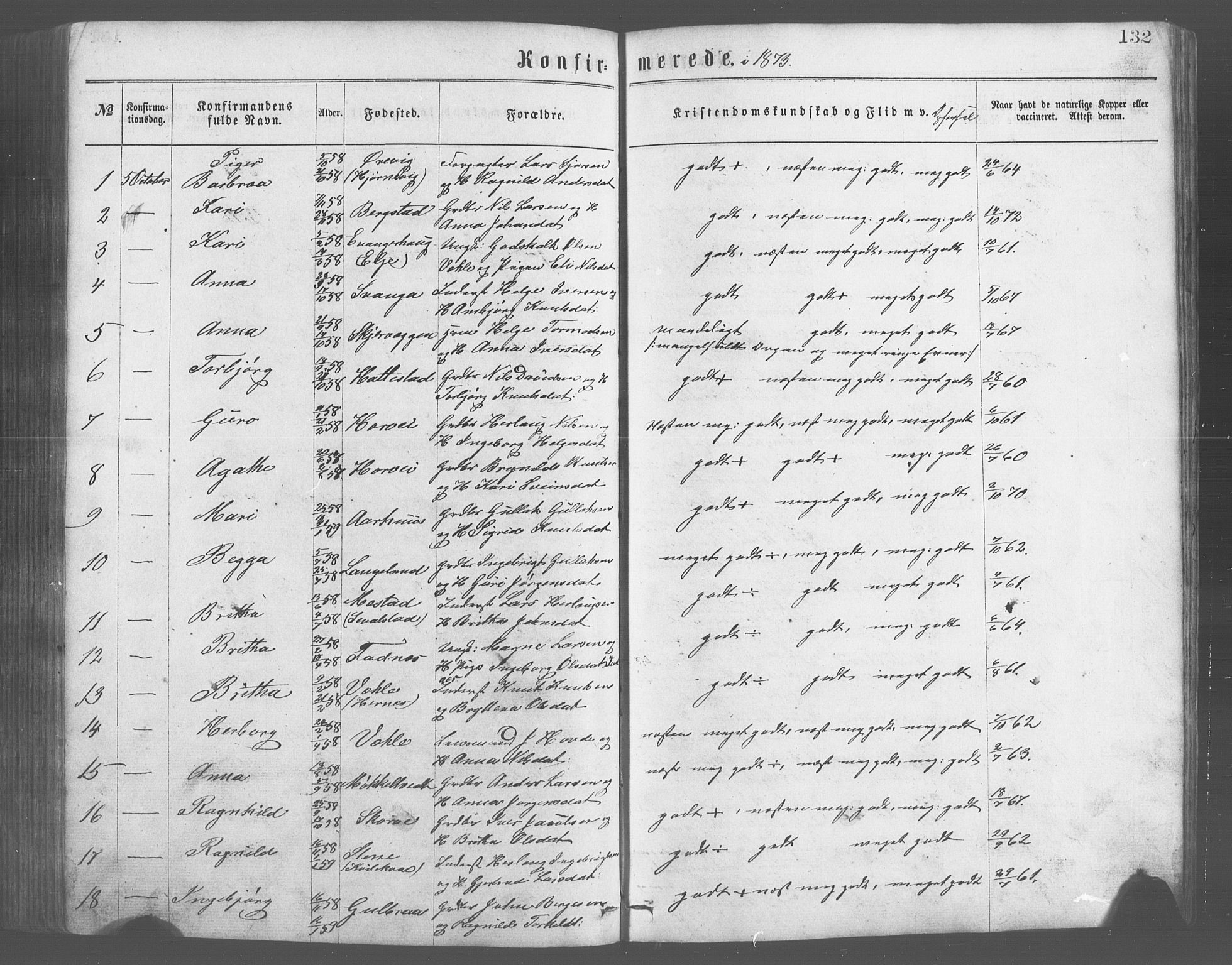 Evanger sokneprestembete, SAB/A-99924: Parish register (copy) no. A 2, 1863-1879, p. 132