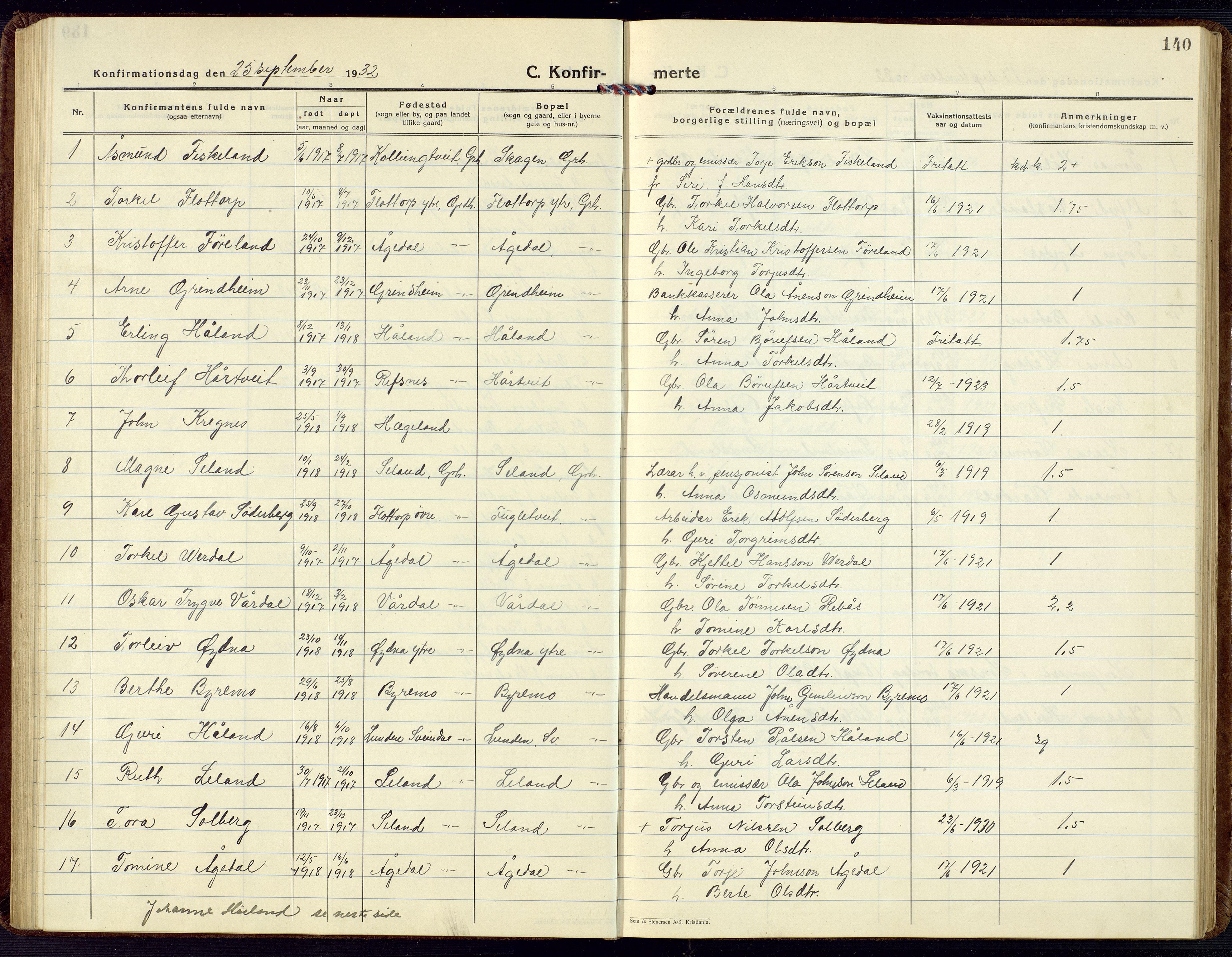 Bjelland sokneprestkontor, AV/SAK-1111-0005/F/Fb/Fbc/L0004: Parish register (copy) no. B 4, 1921-1978, p. 140