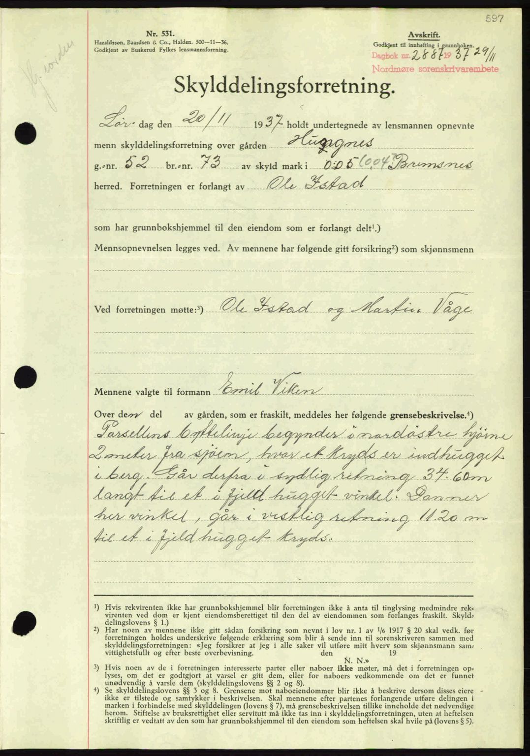 Nordmøre sorenskriveri, SAT/A-4132/1/2/2Ca: Mortgage book no. A82, 1937-1938, Diary no: : 2887/1937