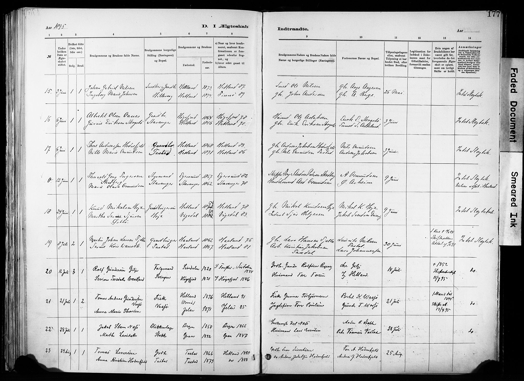 Hetland sokneprestkontor, SAST/A-101826/30/30BA/L0011: Parish register (official) no. A 11, 1884-1911, p. 177
