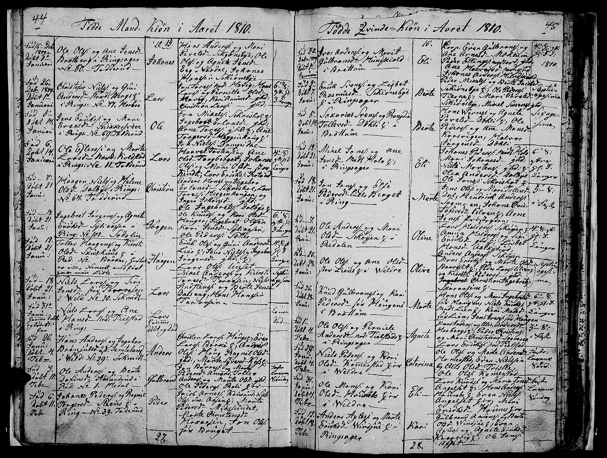 Ringsaker prestekontor, SAH/PREST-014/I/Ia/L0005/0008: Parish register draft no. 1H, 1807-1811, p. 44-45