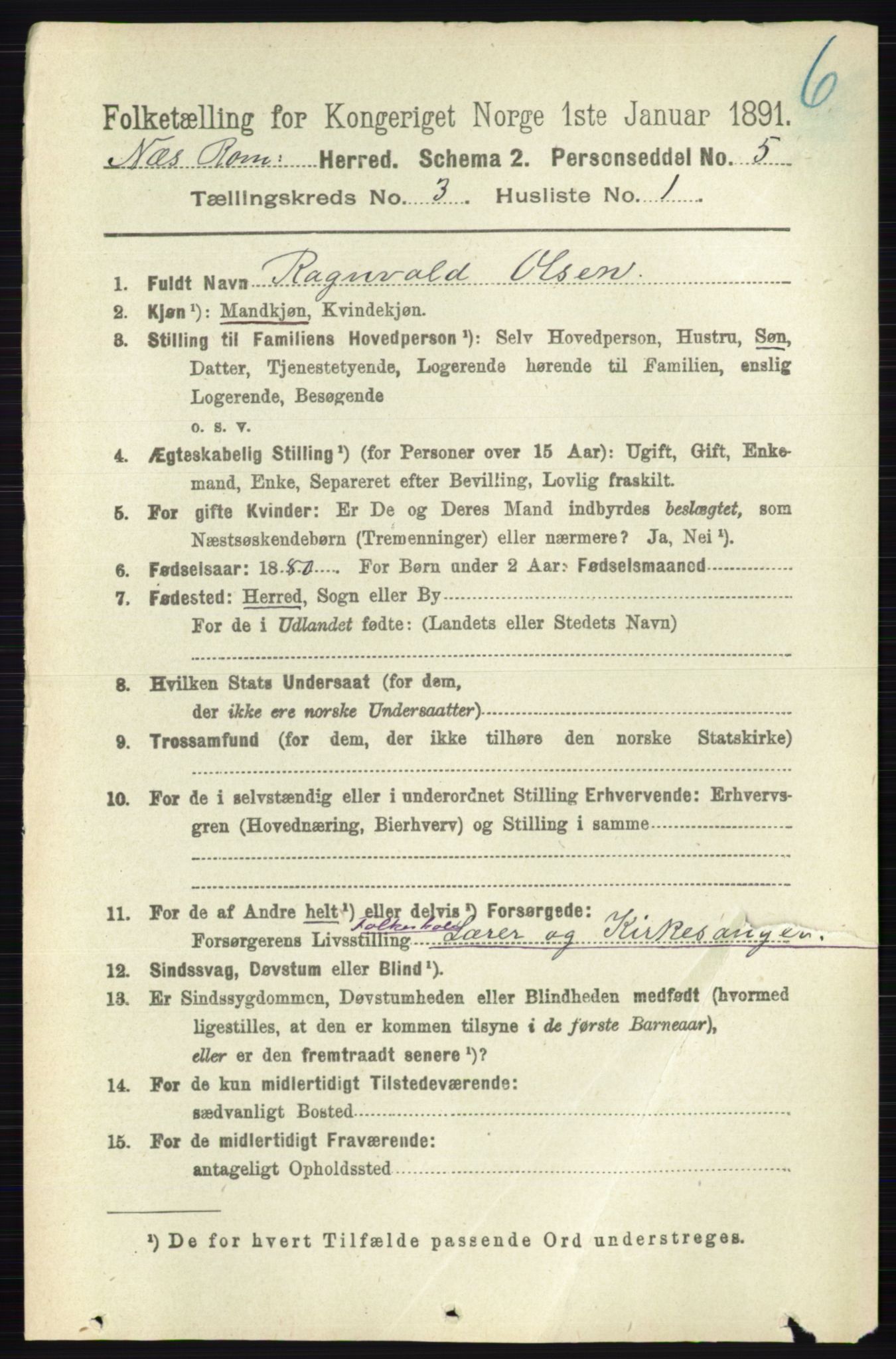 RA, 1891 census for 0236 Nes, 1891, p. 1581