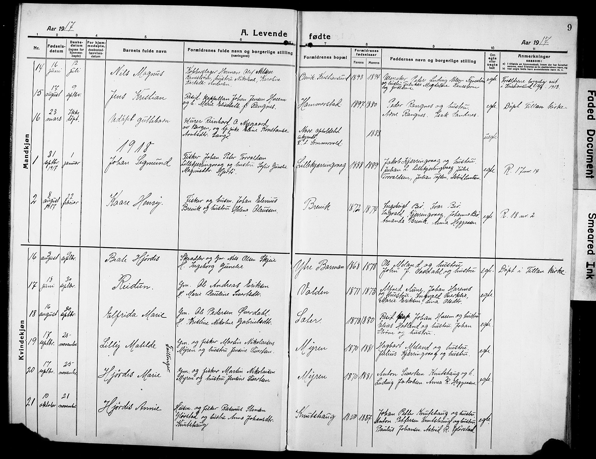 Ministerialprotokoller, klokkerbøker og fødselsregistre - Sør-Trøndelag, SAT/A-1456/634/L0543: Parish register (copy) no. 634C05, 1917-1928, p. 9