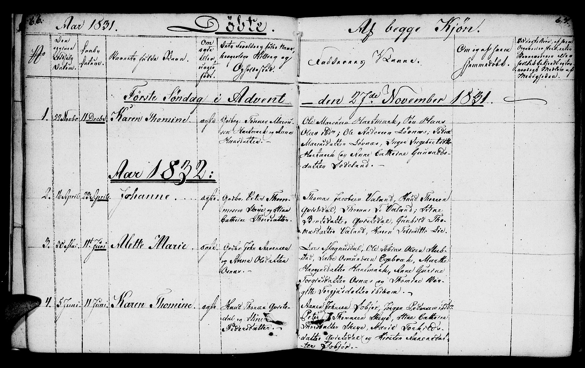 Mandal sokneprestkontor, SAK/1111-0030/F/Fb/Fbb/L0001: Parish register (copy) no. B 1, 1802-1846, p. 66-67
