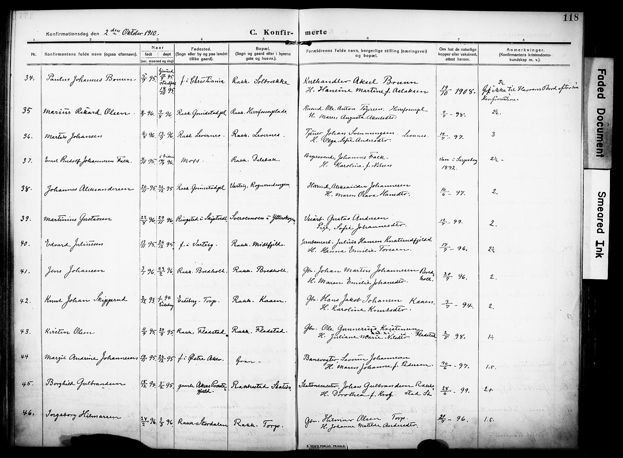 Rakkestad prestekontor Kirkebøker, AV/SAO-A-2008/F/Fa/L0015: Parish register (official) no. I 15, 1909-1922, p. 118