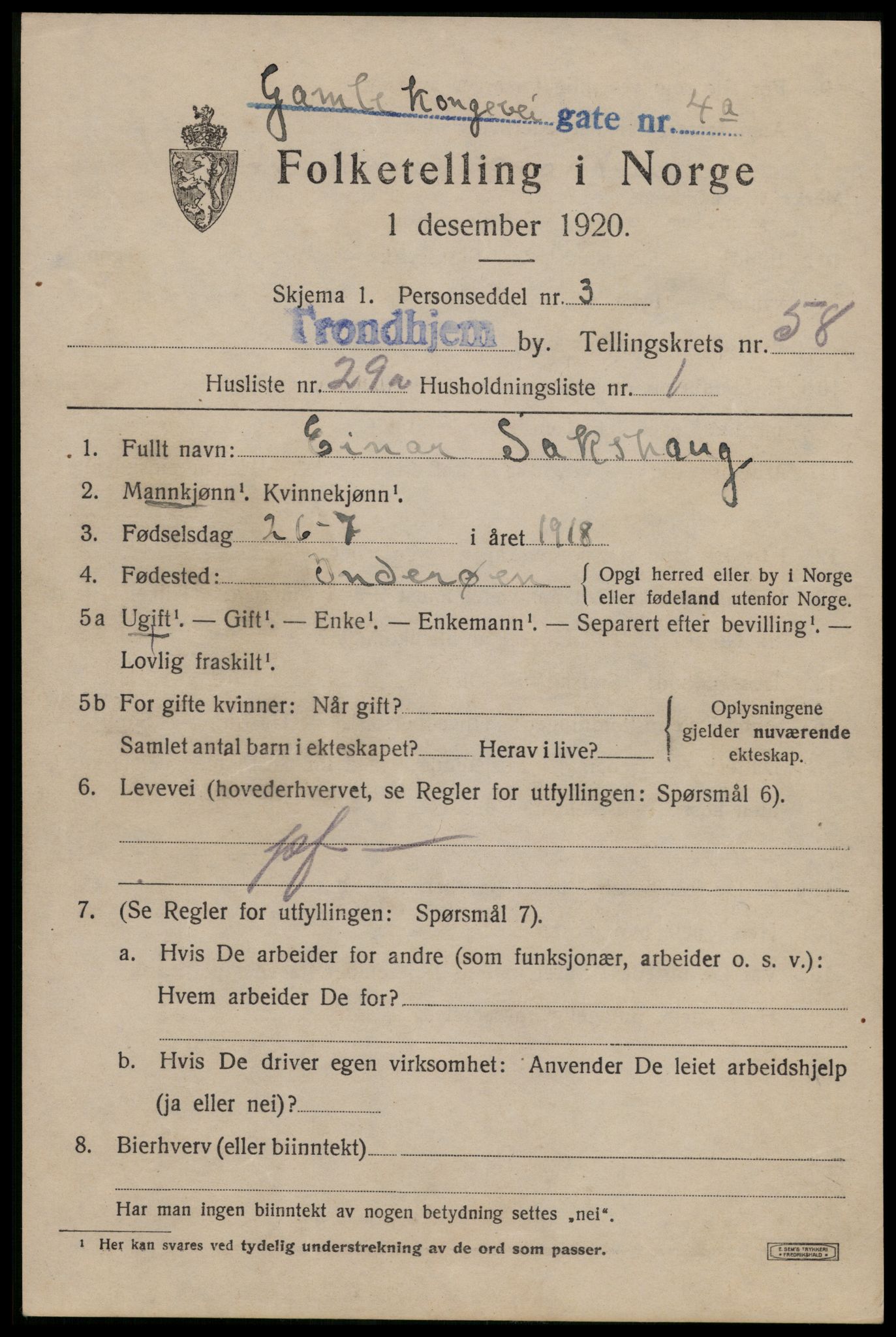 SAT, 1920 census for Trondheim, 1920, p. 118288