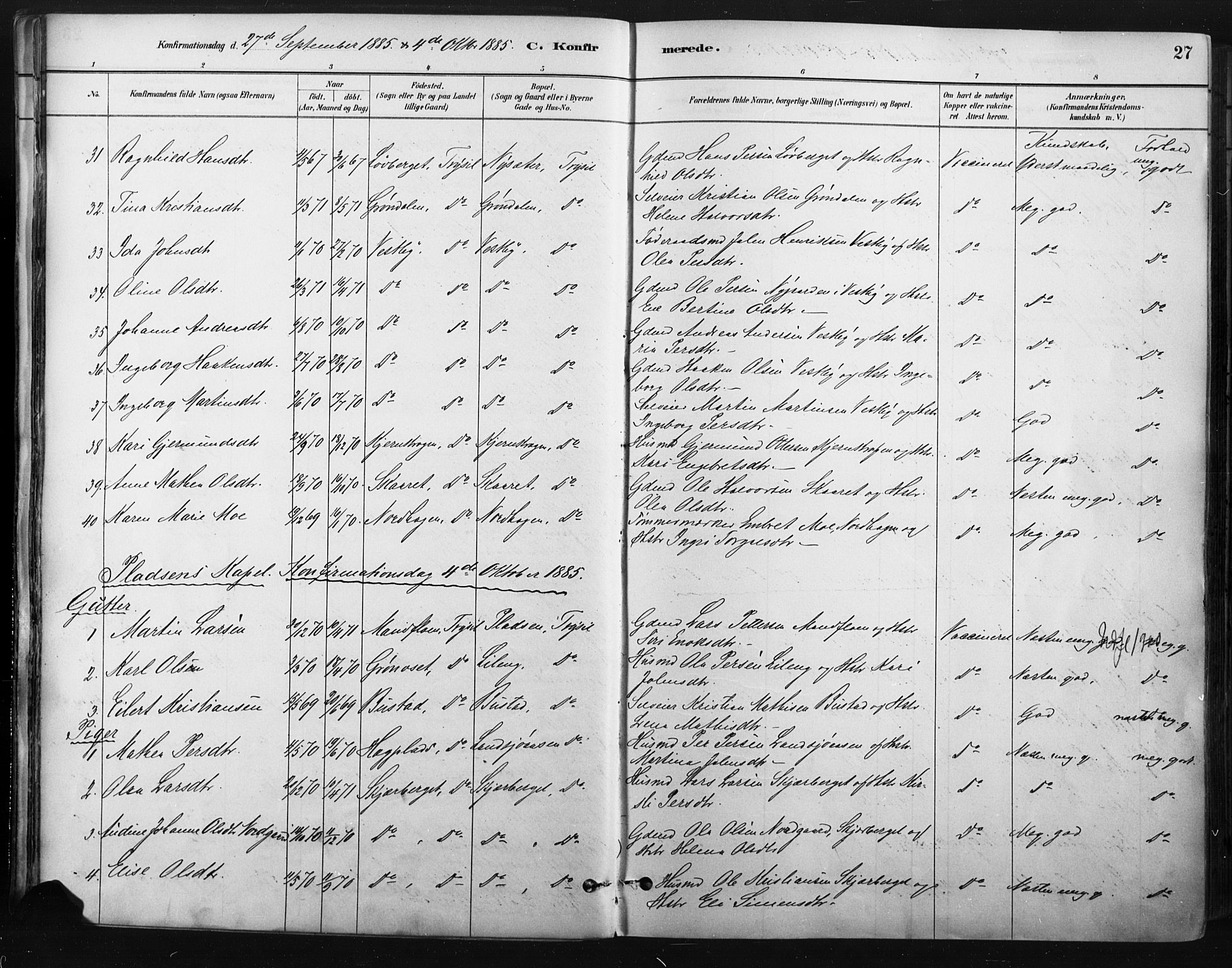 Trysil prestekontor, AV/SAH-PREST-046/H/Ha/Haa/L0009: Parish register (official) no. 9, 1881-1897, p. 27