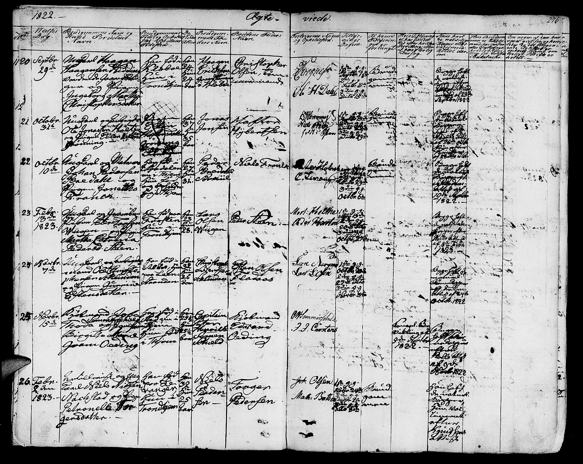 Ministerialprotokoller, klokkerbøker og fødselsregistre - Sør-Trøndelag, SAT/A-1456/602/L0109: Parish register (official) no. 602A07, 1821-1840, p. 276