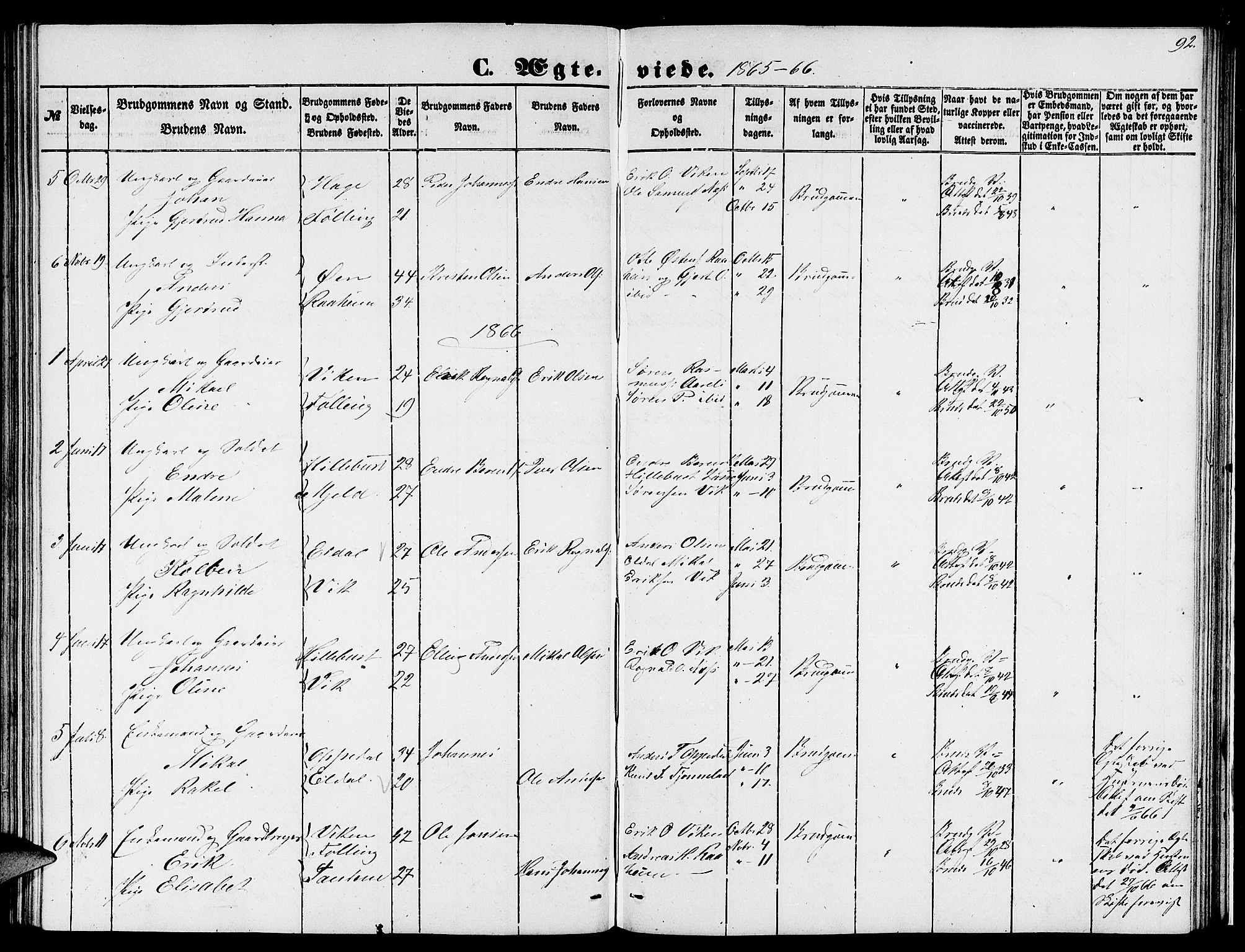 Gaular sokneprestembete, SAB/A-80001/H/Hab: Parish register (copy) no. C 1, 1853-1877, p. 92