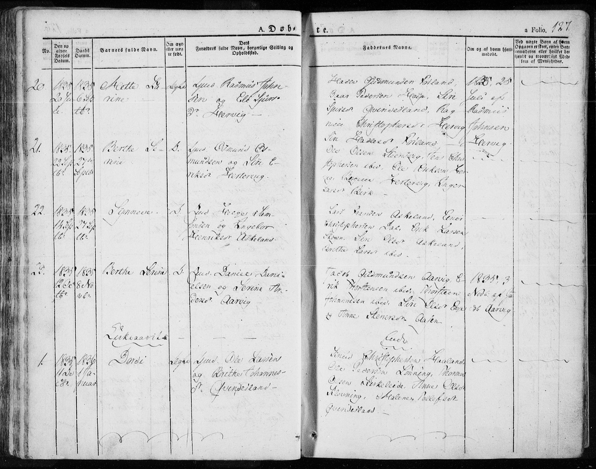 Tysvær sokneprestkontor, SAST/A -101864/H/Ha/Haa/L0001: Parish register (official) no. A 1.1, 1831-1856, p. 127