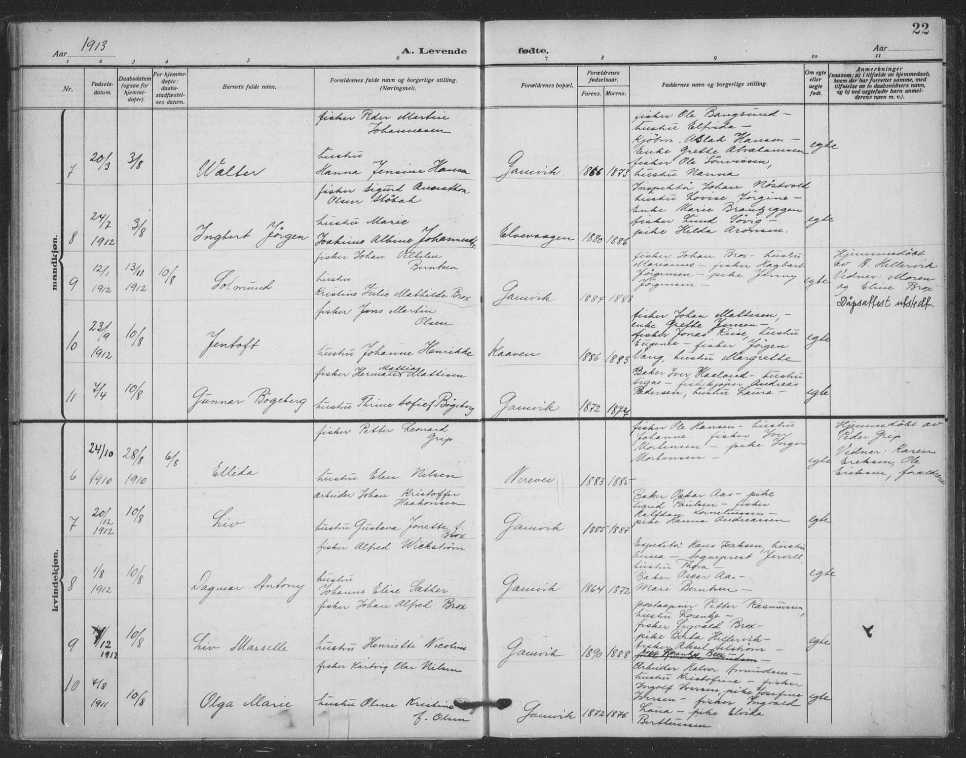 Tana sokneprestkontor, AV/SATØ-S-1334/H/Ha/L0008kirke: Parish register (official) no. 8, 1908-1920, p. 22