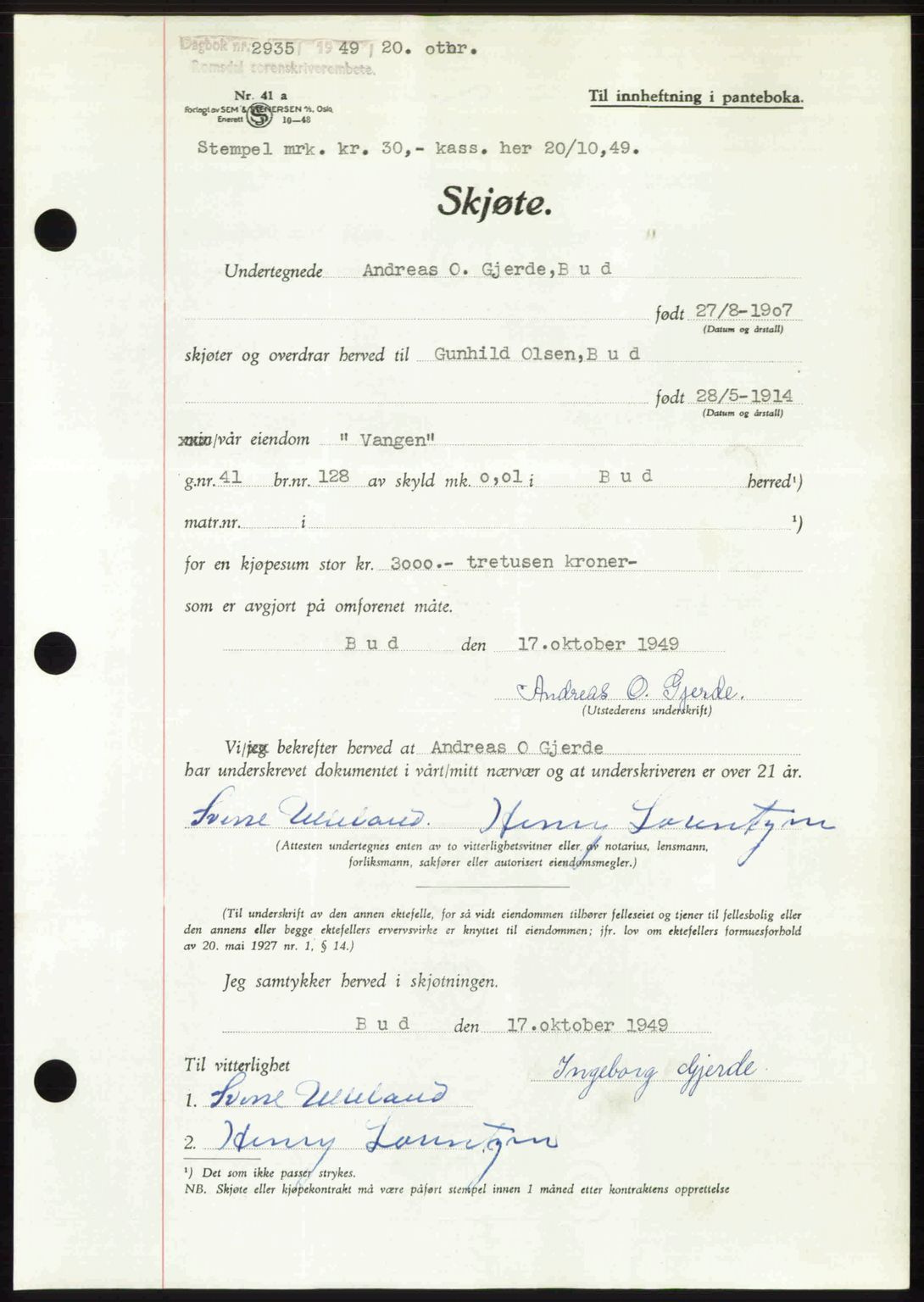 Romsdal sorenskriveri, AV/SAT-A-4149/1/2/2C: Mortgage book no. A31, 1949-1949, Diary no: : 2935/1949